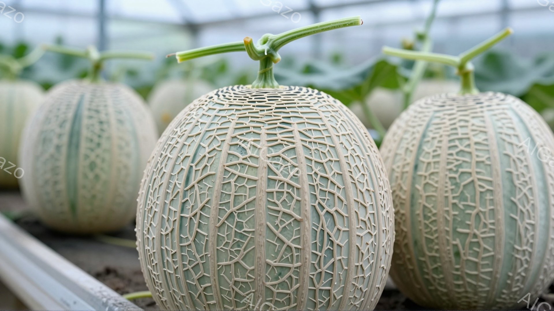 画像には、網目模様のメロンが畑で並んでいる様子が写っています。メロンはまだ蔓がついており、緑色の土の上に置かれています。背景にはビニールハウスの構造が見え、全体的に明るく穏やかな雰囲気が漂っています。
