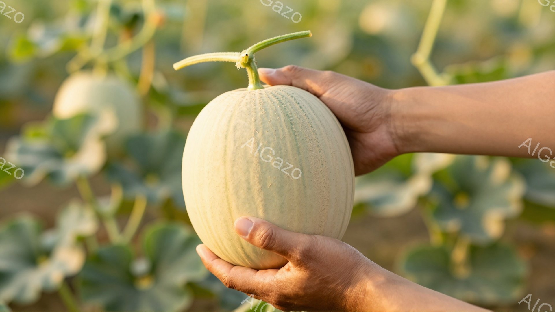 褐色の肌をした手が、クリーム色の条模様が入った丸いメロンを優しく包み込んでいる。背景には緑豊かな畑が広がり、メロンの葉や他の植物が見える。全体的に、収穫されたばかりの新鮮なメロンを誇らしげに見せる、自 - AI生成フリー素材