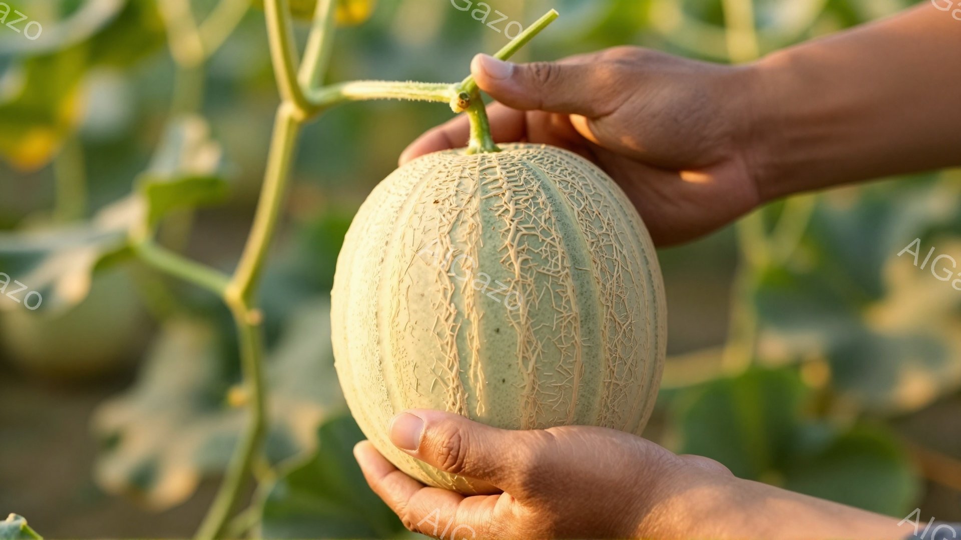 画面には、緑色の畑で、人の手がメロンを優しく抱えています。メロンは丸みを帯びており、表面には複雑な網目模様が見られます。背景には、緑豊かな葉が生い茂る畑が広がり、晴れた日の穏やかな雰囲気が感じられます - AI生成フリー素材