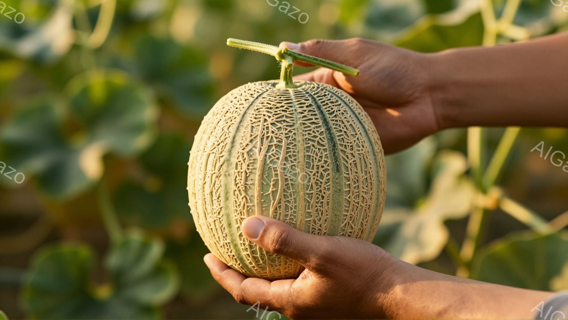 光り輝く夕日の下、茶色の肌を持つ手が、網目模様の大きなメロンを優しく包み込んでいる。背景には緑豊かな畑が広がり、メロンの葉やつるが密集して見える。全体的に暖かく、豊穣な収穫を連想させる穏やかな雰囲気で - AI生成フリー素材