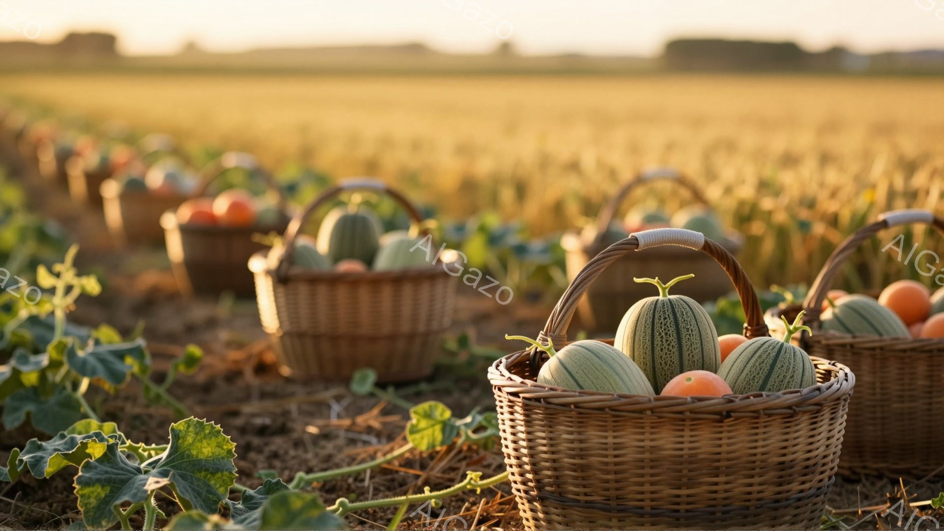 籠いっぱいのメロンが整然と並べられた畑の写真です。背景には夕焼けに照らされた金色の麦畑が広がり、暖かく穏やかな雰囲気を醸し出しています。籠は手編みのようで、その中に収穫されたばかりの新鮮なメロンがぎっしりと詰まっています。