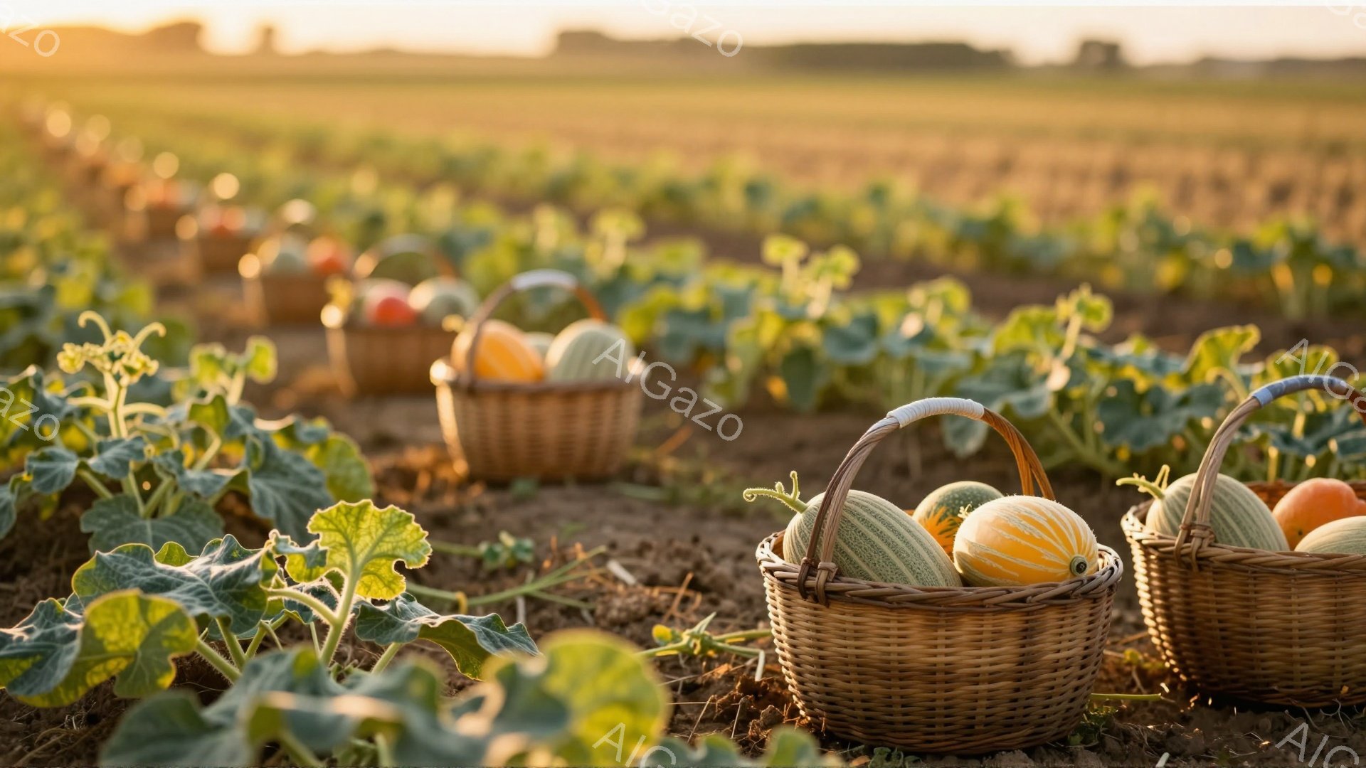 畑にはたくさんのメロンが並べられた籠が規則的に並び、収穫されたばかりの様子が伺えます。緑色のつる性の植物が地面を覆い、背景には黄金色に輝く広大な畑が広がっています。夕暮れ時の柔らかい光が全体を包み込み - AI生成フリー素材