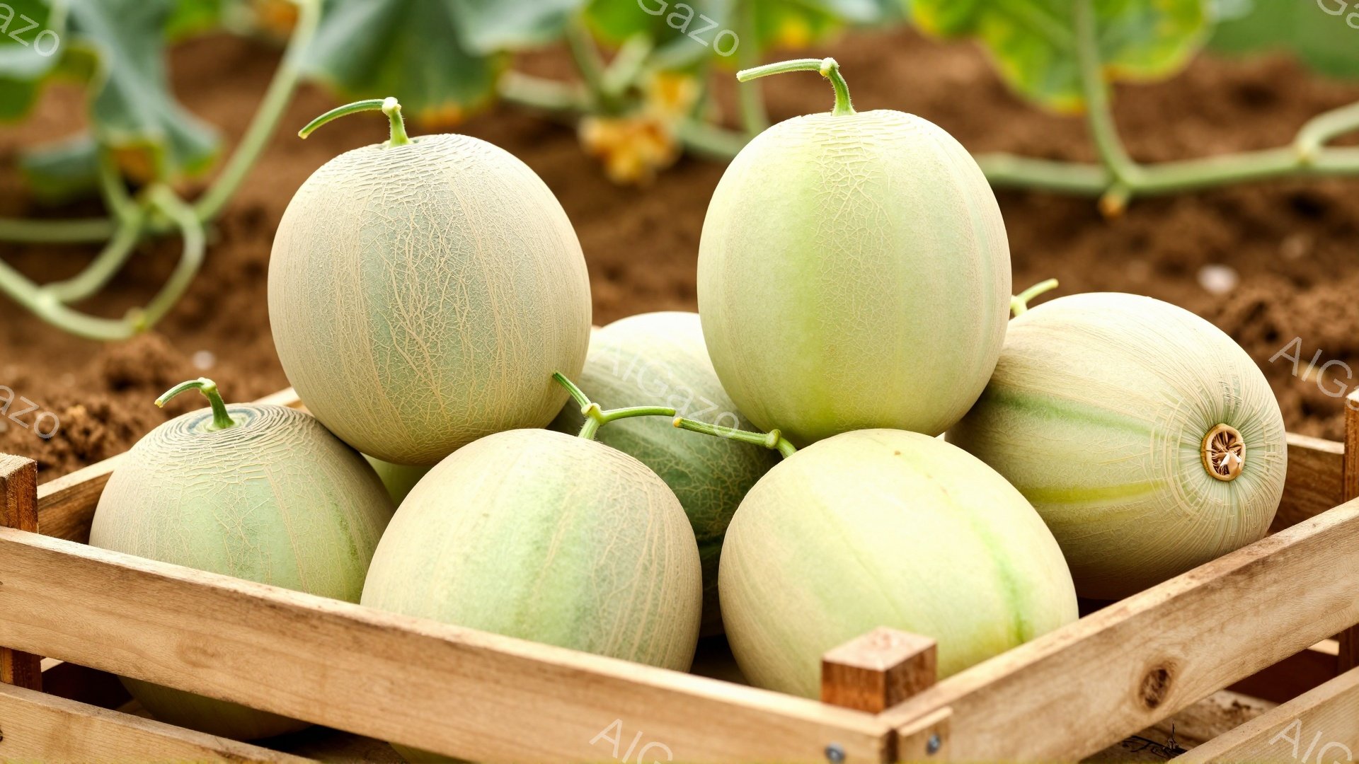 木箱の中に、緑色のメロンが密集して並んでいます。メロンは表面に網目状の模様があり、新鮮でみずみずしい印象を与えます。背景には土と緑の葉が見え、畑で収穫されたばかりの様子が伺えます。