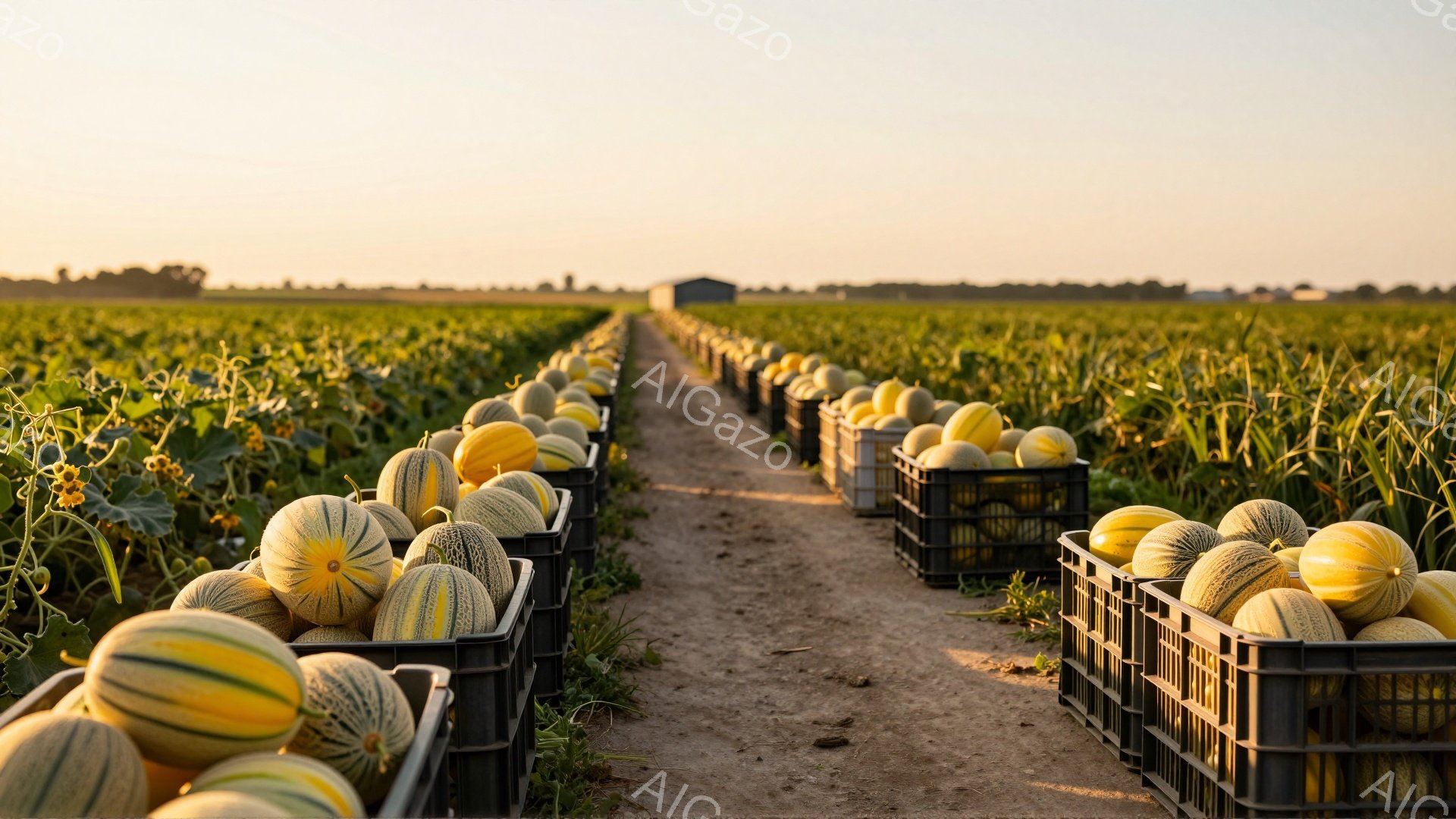 広大な畑に、黄色と緑色のメロンが黒いプラスチック製のケースに並べられ、土の道に沿って一直線に並んでいます。背景には緑豊かな畑が広がり、遠くには建物の屋根が見え、空は夕暮れ時のような穏やかなオレンジ色をしています。この配置は、収穫されたばかりのメロンの豊かさと、農業の静けさを表現しています。