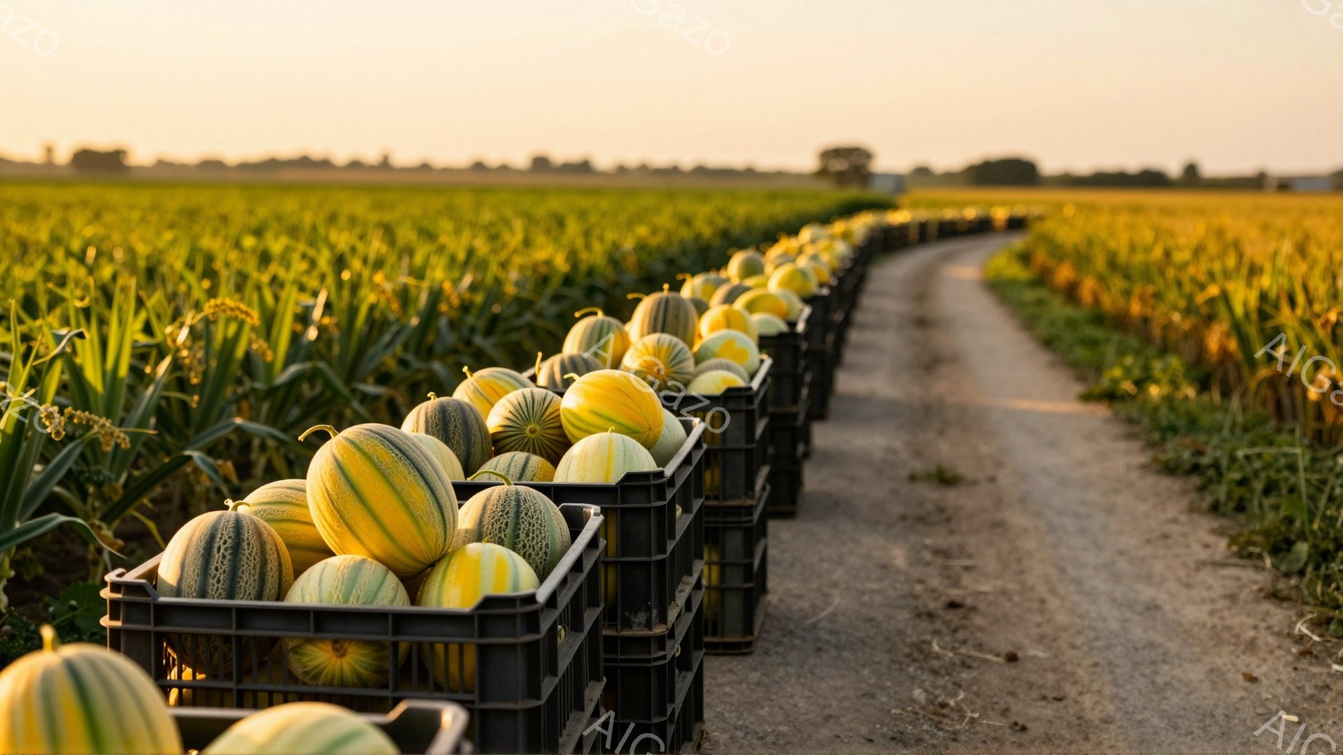 畑の道に沿って、網目模様のメロンが積み重ねられた黒いプラスチックの箱が整然と並んでいる。周囲は緑豊かなトウモロコシ畑が広がり、夕暮れ時の柔らかい光が全体を包み込み、穏やかで平和な雰囲気を醸し出している - AI生成フリー素材