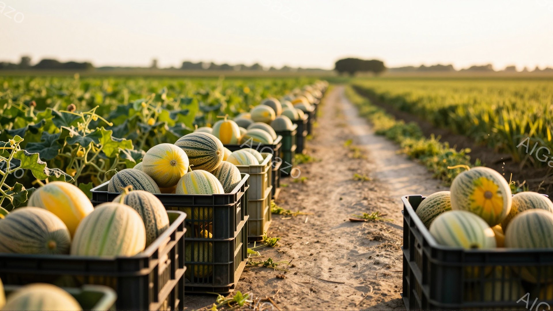 広大なメロン畑が夕日に照らされ、収穫されたメロンが黒いプラスチックケースに整然と並べられています。土道がメロン畑の中をまっすぐ走り、遠くには緑の木々が見えます。全体的に、温かく穏やかな雰囲気が漂い、豊 - AI生成フリー素材