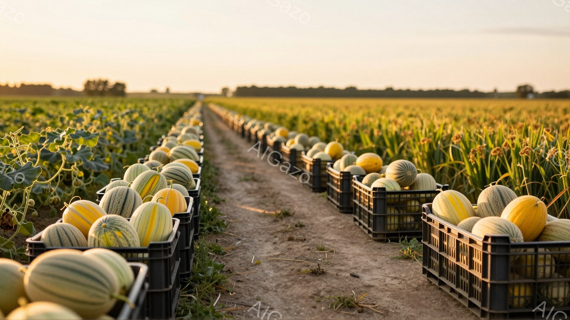 広大なメロン畑が、夕日に照らされて黄金色に輝いている。黒いプラスチックの箱に収穫されたメロンが整然と並び、畑の中央を土の道がまっすぐに走っている。背景には緑豊かな植物が広がり、穏やかで平和な雰囲気を醸 - AI生成フリー素材