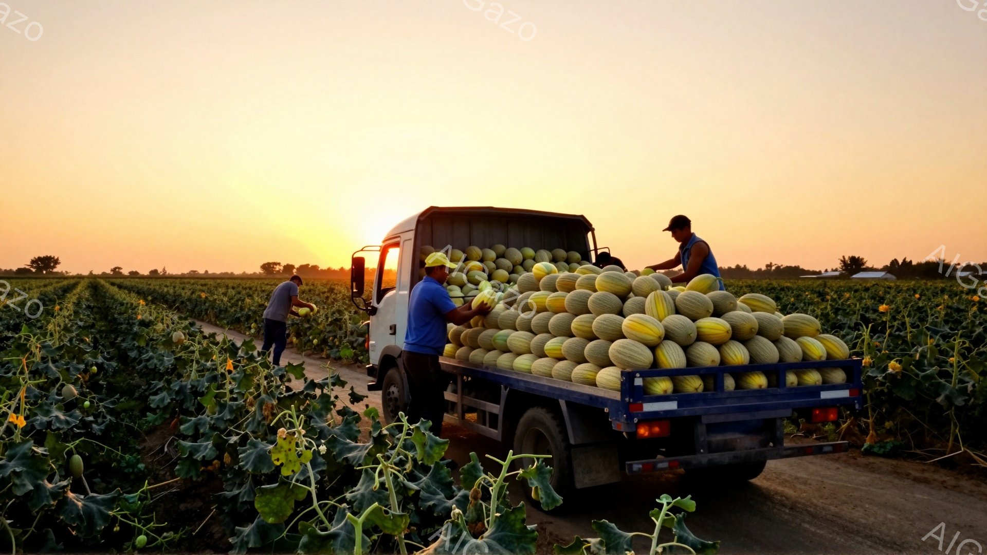作業員たちは、広大なメロン畑で収穫されたメロンをトラックに積み込んでいる。彼らは日差しを避けるために帽子をかぶり、作業着姿で、熱心にメロンを積み上げている。背景には緑豊かな畑が広がり、夕焼け空がオレン - AI生成フリー素材