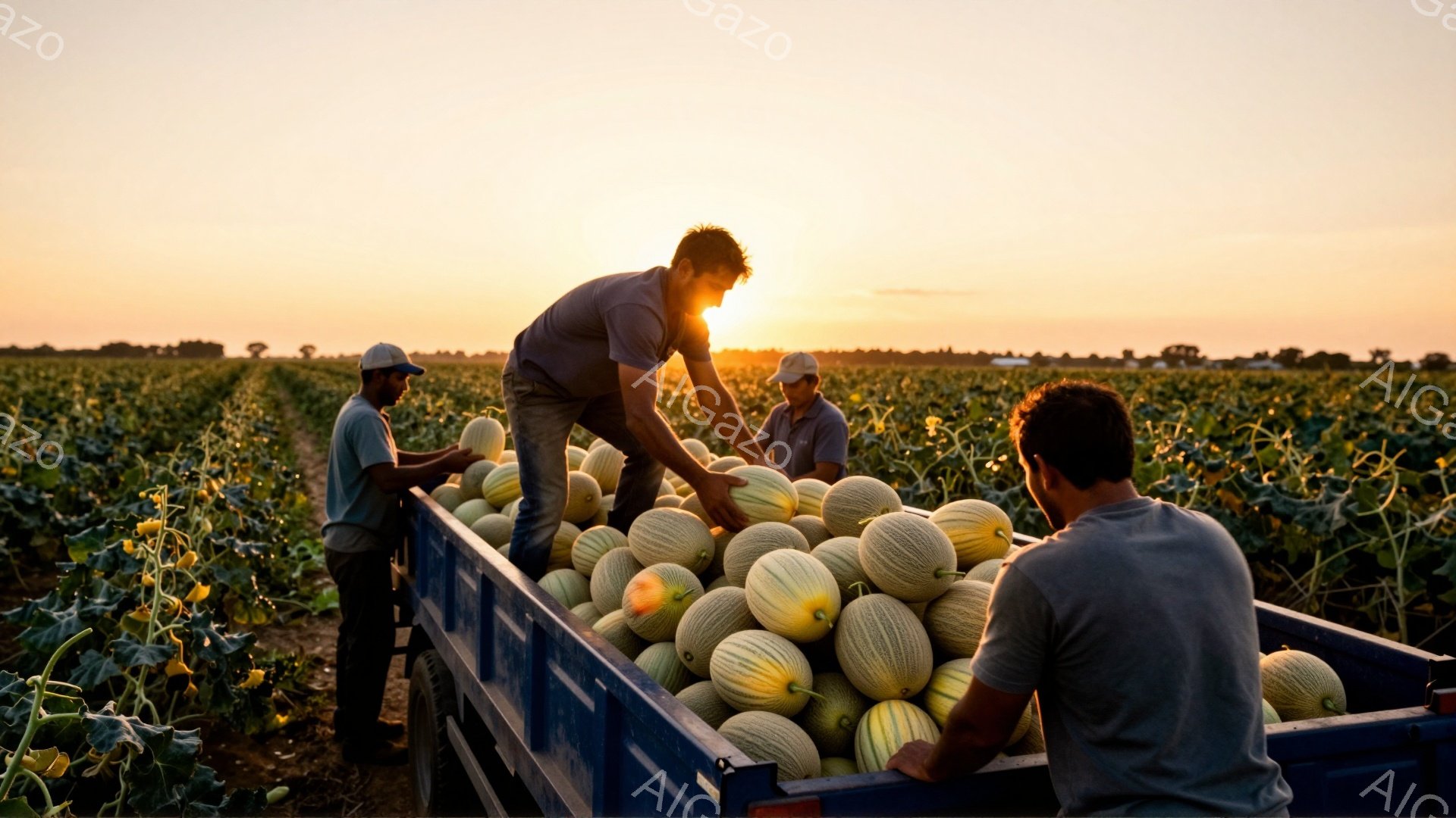 畑でメロンを収穫する男性たちが写っている。彼らはカジュアルな服装で、一部は帽子を被っており、収穫されたメロンを積んだ青いトレーラーの周りに立っている。夕暮れ時の畑はオレンジ色に染まり、穏やかで労働的な雰囲気を醸し出している。