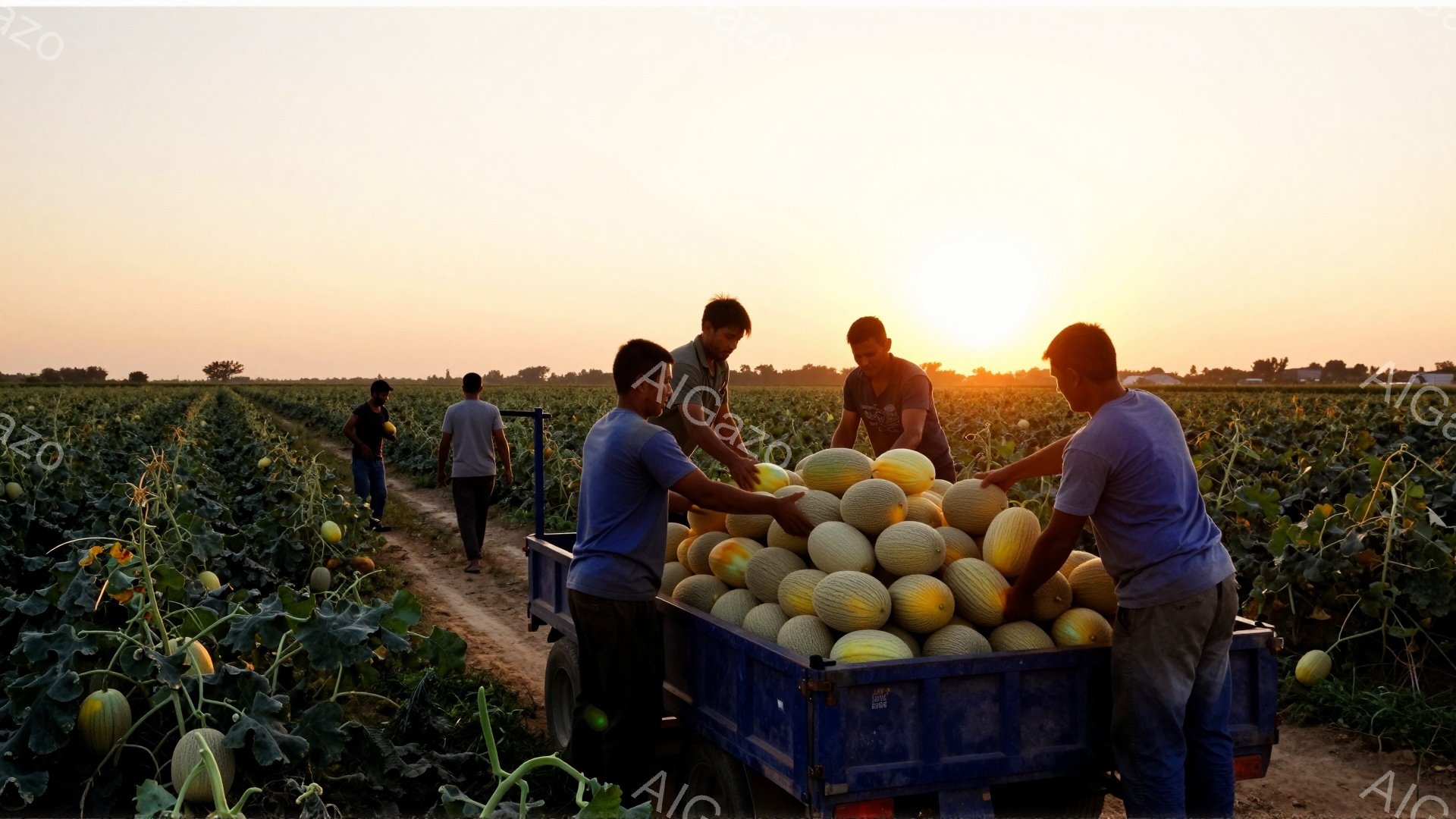 畑でメロンを収穫している男たちが写っている。彼らは皆、青いTシャツを着ており、髪は短く、表情は真剣で作業に集中している。背景には広大なメロン畑と、夕焼けに照らされた空が広がり、収穫の喜びと夏の夕暮れの - AI生成フリー素材