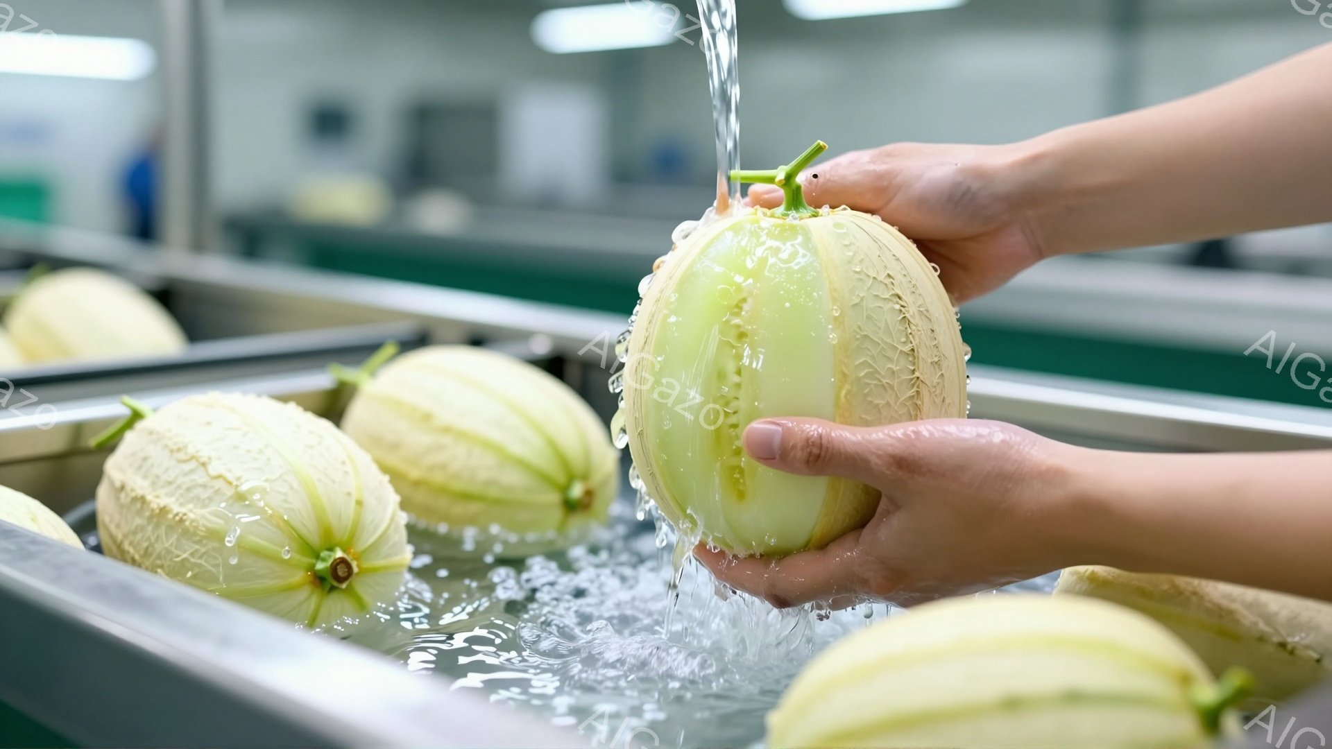 画像には、水中でメロンを洗う手が写っています。メロンは淡い緑色で、表面には水滴が光っています。ステンレス製のトレイに並べられた他のメロンも写っており、全体的に清潔で整頓された雰囲気です。 - AI生成フリー素材