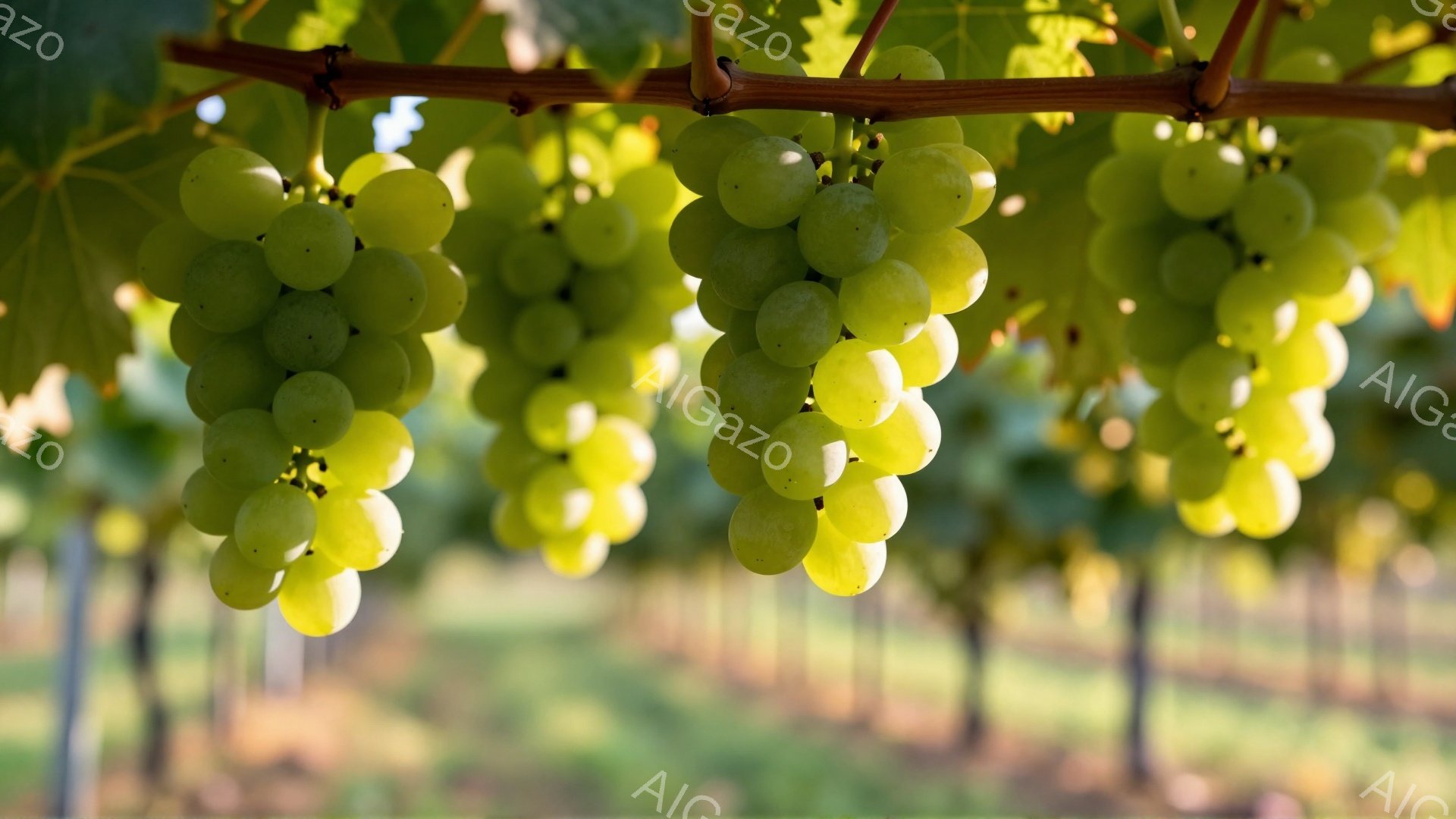 鮮やかな緑色のブドウが房になって、枝からぶら下がっている様子が捉えられています。背景はぼやけた緑色の葡萄畑で、日差しが葉の間から差し込み、穏やかな雰囲気を醸し出しています。ブドウの粒は丸く、瑞々しく、収穫の時期を予感させる光景です。