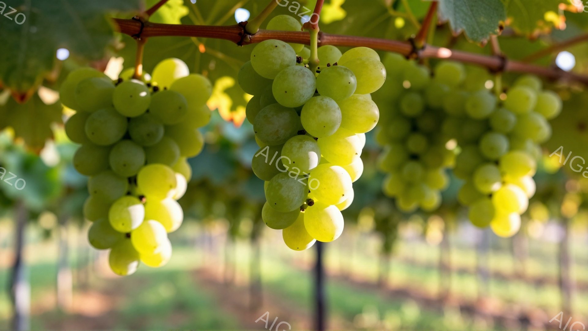鮮やかな緑色のブドウが房になって垂れ下がっており、光が葉っぱを通してキラキラと輝いている。背景にはぼやけた緑色のブドウ畑が広がり、夏の日差しの中で育つブドウの生命力を感じさせる。全体的に明るく、穏やかな雰囲気が漂う、豊穣な収穫を予感させる一枚である。