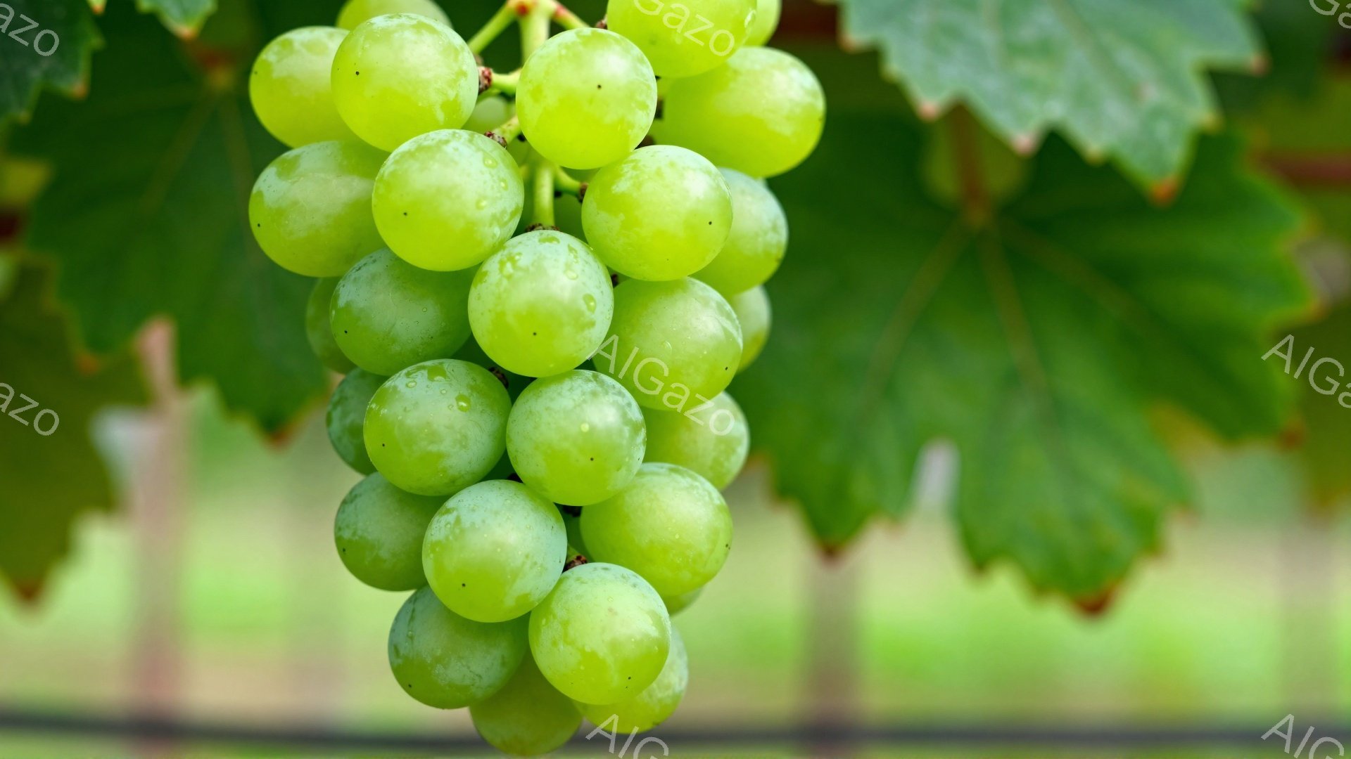 鮮やかな緑色のぶどうの房が、濃い緑の葉に囲まれてぶら下がっている。ぶどうの表面には水滴が光り、みずみずしさを強調している。背景には、ぼやけた緑色の植物が見え、自然の中で育った新鮮な果実の雰囲気が漂っている。