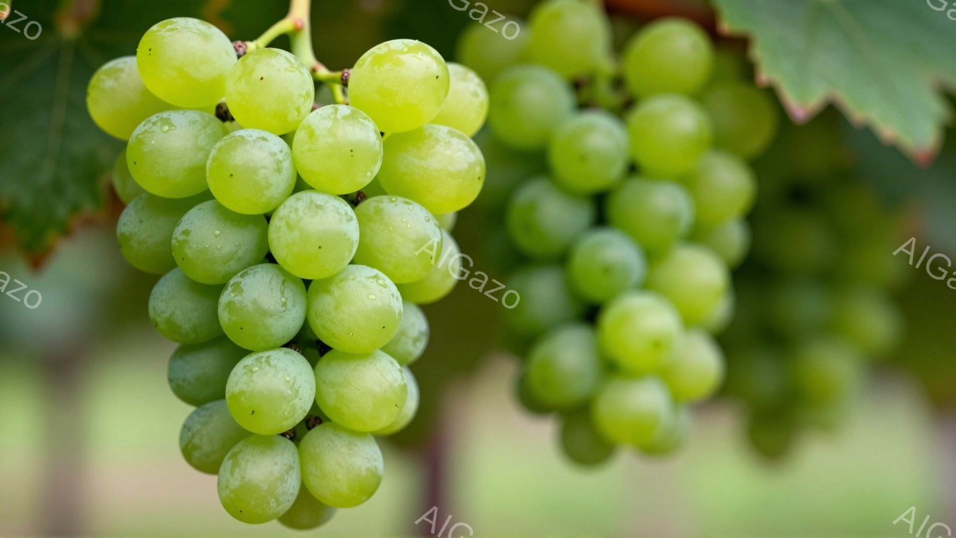 瑞々しい緑色のブドウの房が、緑の葉に囲まれて吊り下げられています。ブドウは丸く、表面には水滴が光っており、新鮮さを強調しています。背景はぼやけた緑色で、自然の中で育ったブドウの豊かさを感じさせます。 - AI生成フリー素材