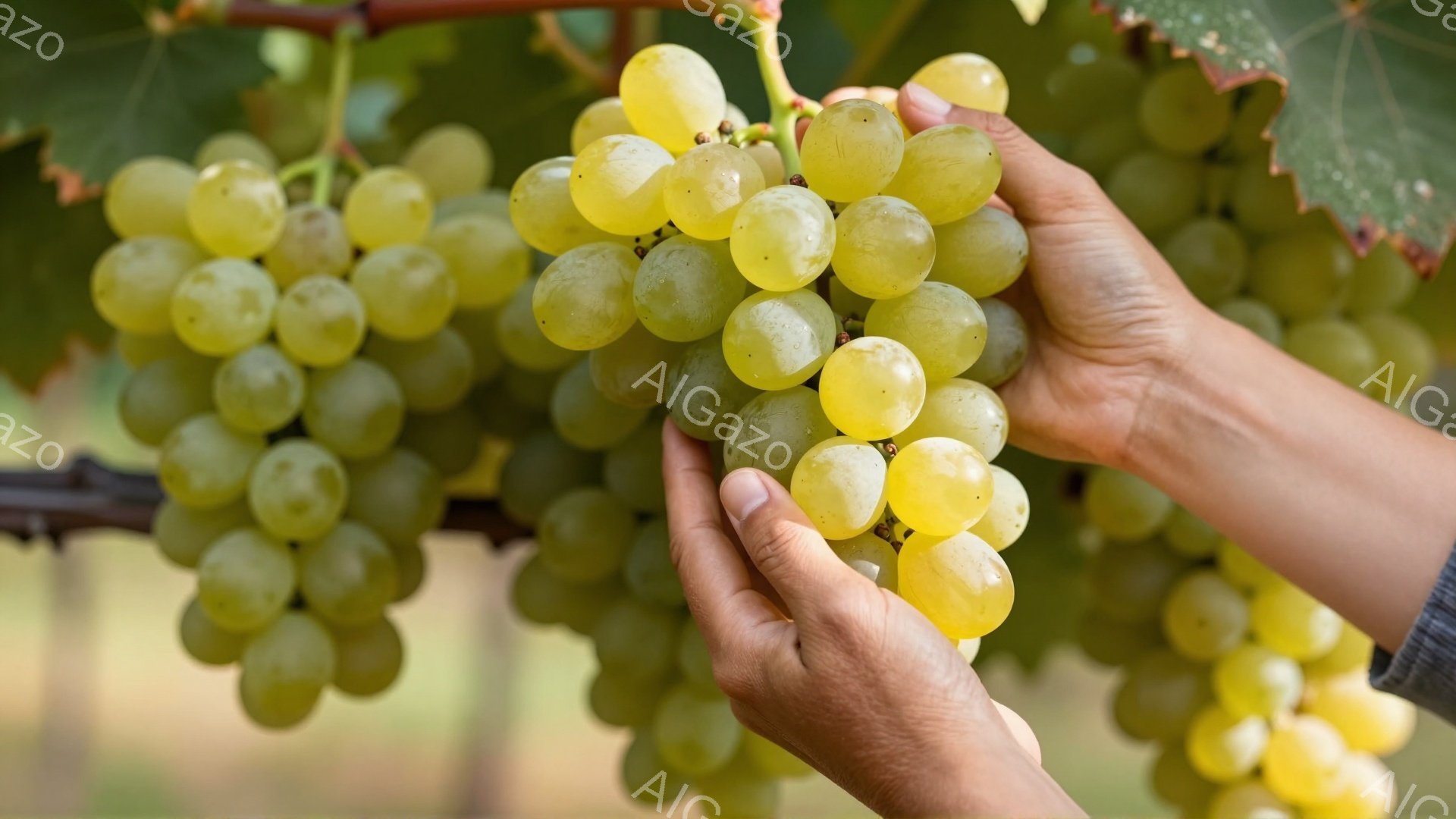 鮮やかな緑色のブドウの房が、人の手に抱かれている。葉っぱと太い枝が背景に見え、ブドウ園での収穫の様子が伺える。全体的に暖かく、豊穣な秋の雰囲気が漂っている。