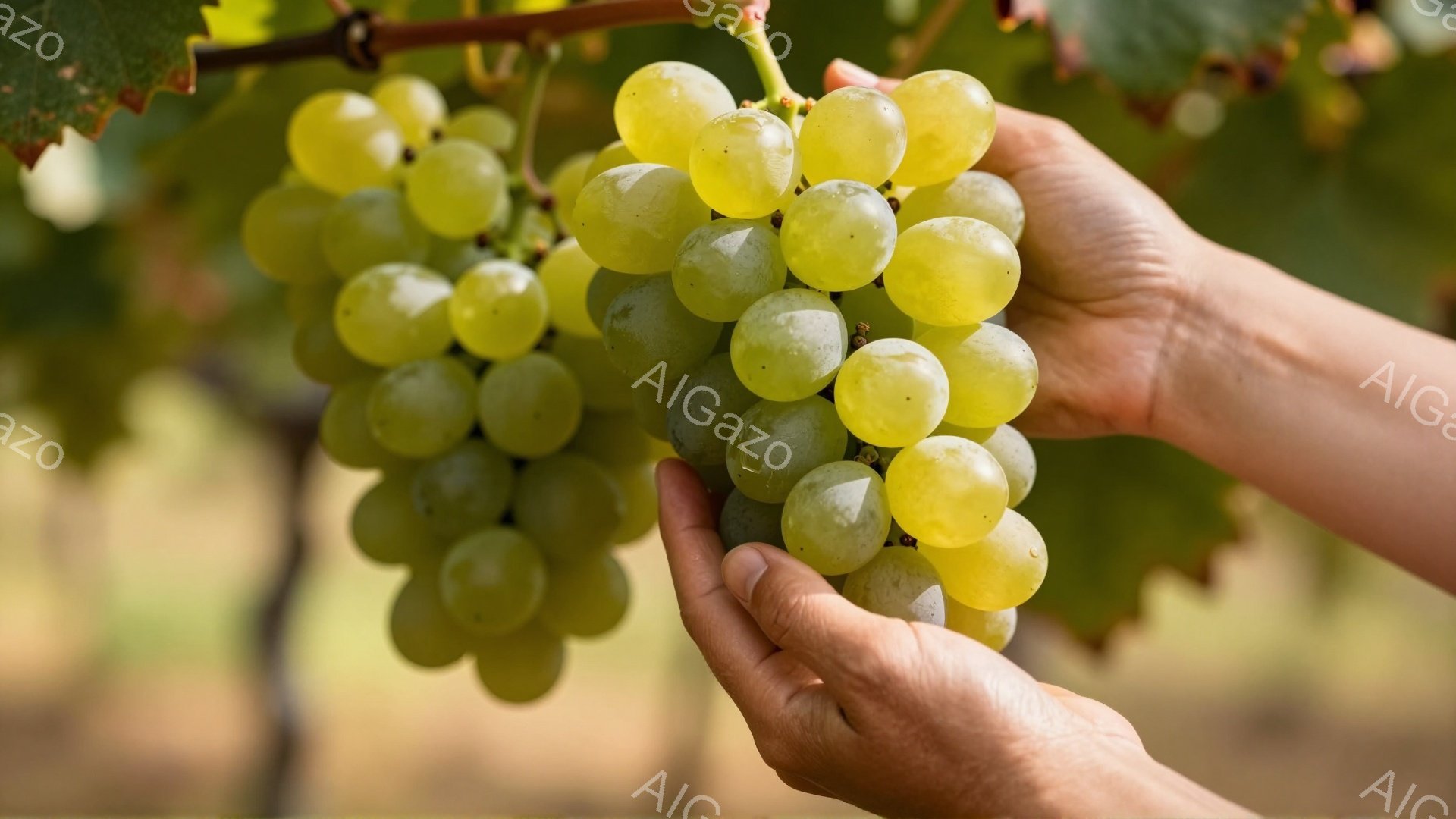 熟したブドウの房が、人の両手に抱えられています。ブドウは鮮やかな黄緑色をしており、葉と茎とともにフレームを埋め尽くしています。背景はぼやけており、おそらく畑やブドウ園の一部で、穏やかで温かい日差しが感じられます。