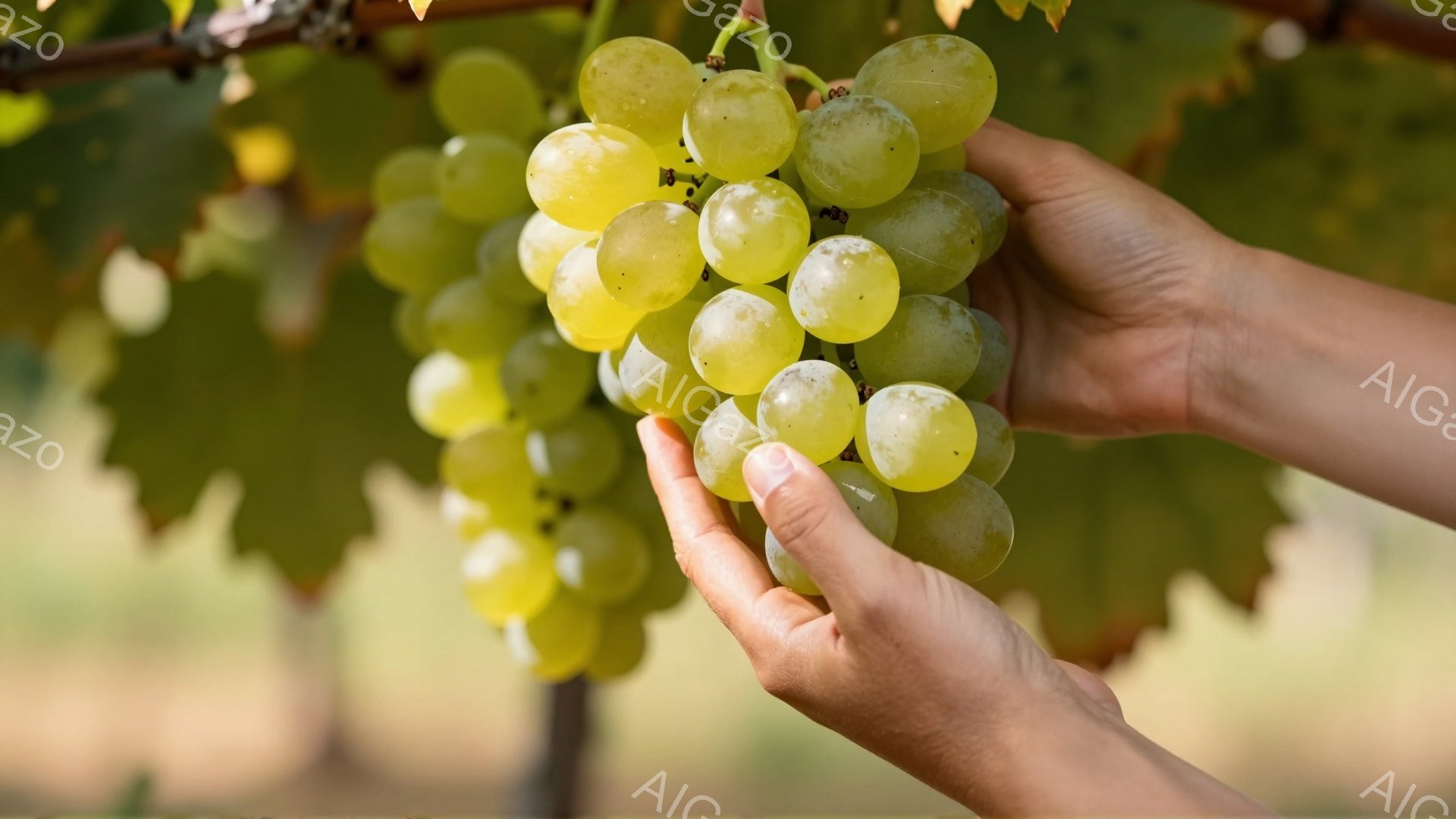 熟れたブドウの房が、両手でそっと支えられています。背景には緑豊かなブドウ畑が広がり、日差しが葉の間から差し込んでいます。全体的に、豊穣さと自然の恵みを感じさせる、穏やかで温かい雰囲気です。 - AI生成フリー素材