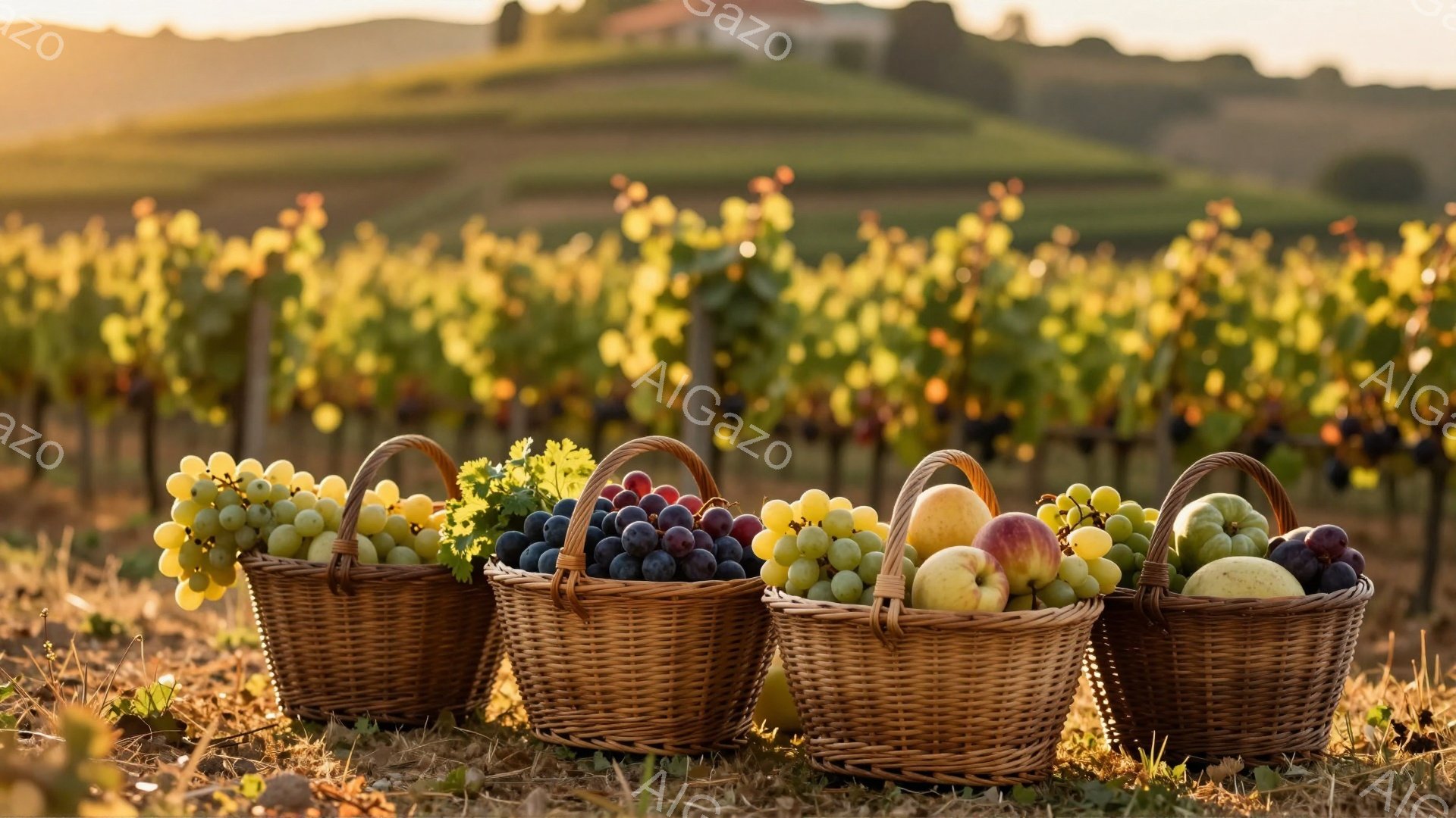 畑の中に置かれた、果物でいっぱいの４つの籠が並んでいます。背景には緑豊かなブドウ畑が広がり、遠くには建物の屋根が見えます。全体的に暖色系の色調で、穏やかで豊かな収穫の雰囲気が漂っています。