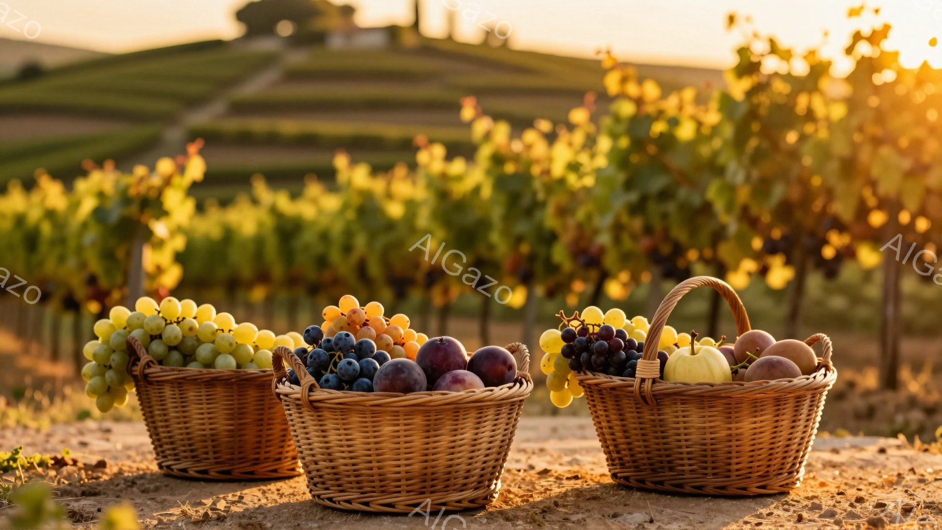 画像には、ブドウ園の土道に並んだ3つの籐製のバスケットが写っています。それぞれのバスケットには、緑、紫、赤と紫の様々な色のブドウとリンゴや梨などの果物がたっぷり入っており、収穫の喜びを表現しています。背景には、秋の夕日に照らされた緑豊かなブドウ園が広がり、穏やかで暖かい雰囲気を醸し出しています。