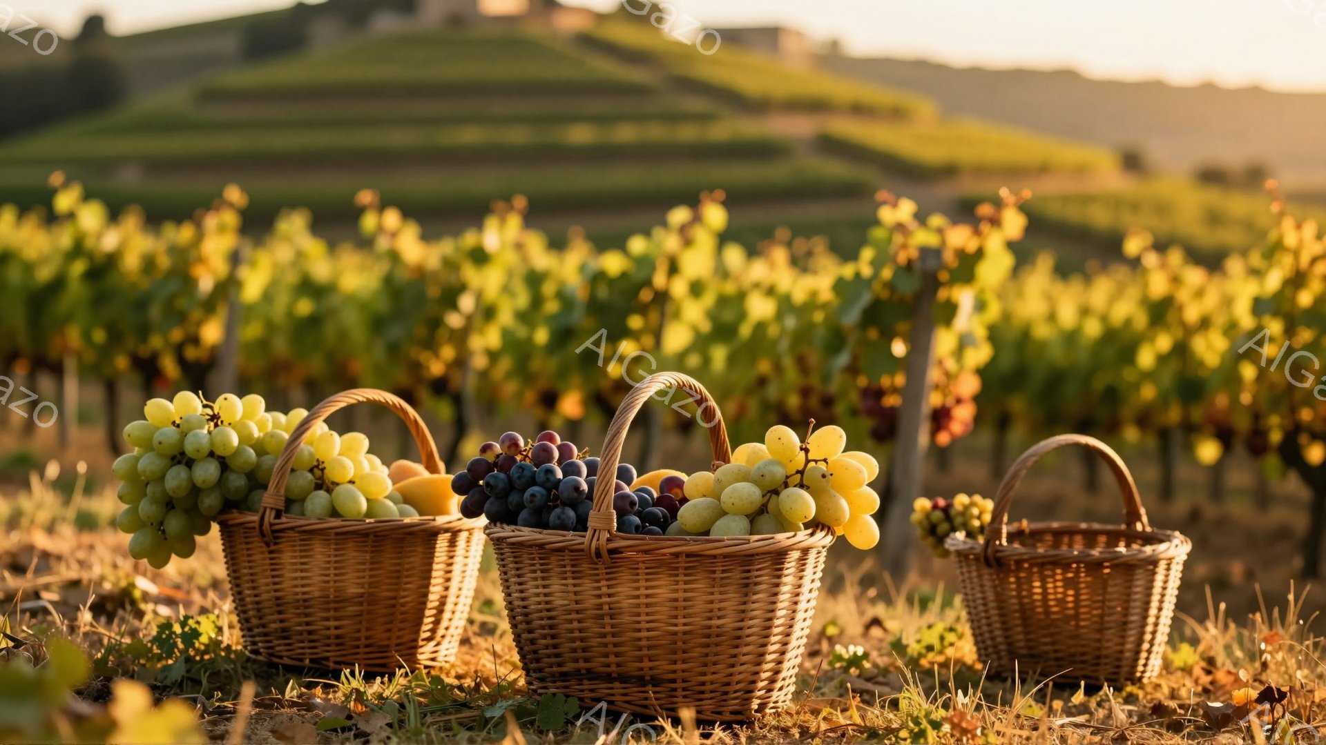 黄金色のブドウ畑の中に、三つの柳の籠が置かれています。籠にはそれぞれ、緑色と黄色のブドウ、紫色のブドウ、そして空の籠が収められています。背景には、なだらかな丘陵地帯と、夕日に照らされたブドウ畑が広がり、穏やかで平和な雰囲気が漂っています。