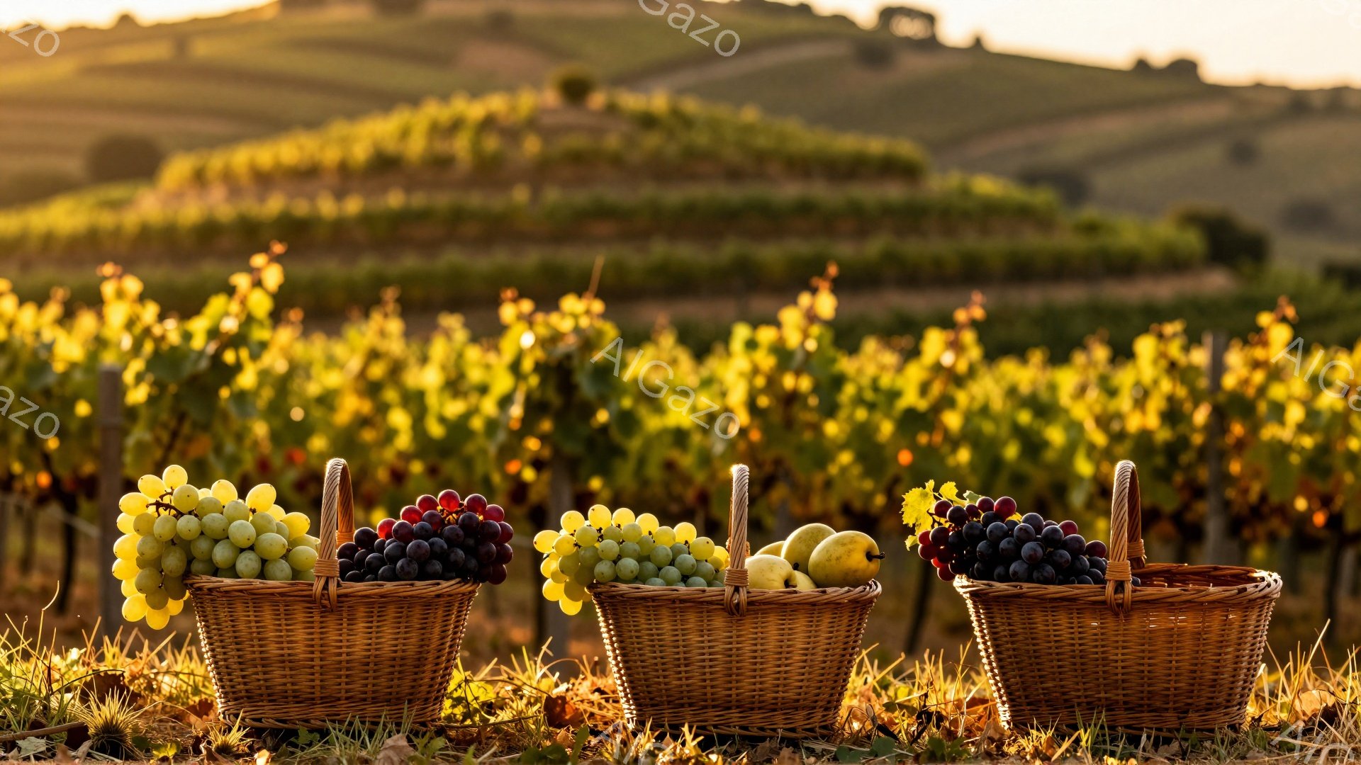 黄金色のブドウ畑が広がる風景の中に、３つの籐の籠が並べられています。籠にはそれぞれ、白、赤、黒のブドウが溢れんばかりに詰まっており、その豊かさが印象的です。背景には緑豊かな丘が連なり、暖かく穏やかな夕暮れ時の雰囲気が漂っています。