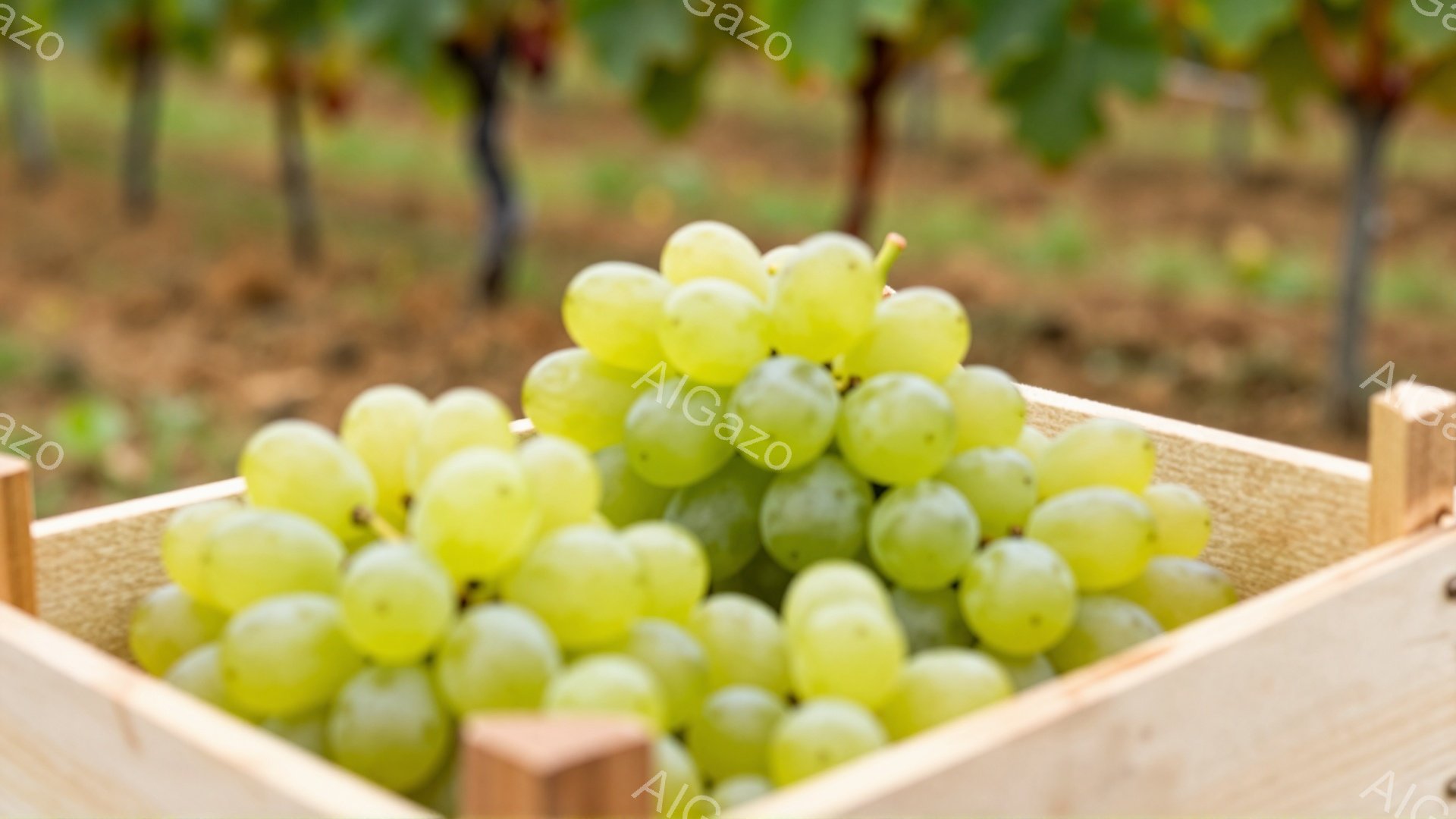浅い木箱の中に、新鮮な緑色のぶどうが山のように盛られています。背景には、緑の葉が生い茂るブドウ畑が広がり、土の地面が見えます。全体的に、収穫されたばかりの新鮮な果物の、自然で穏やかな雰囲気が漂っていま - AI生成フリー素材