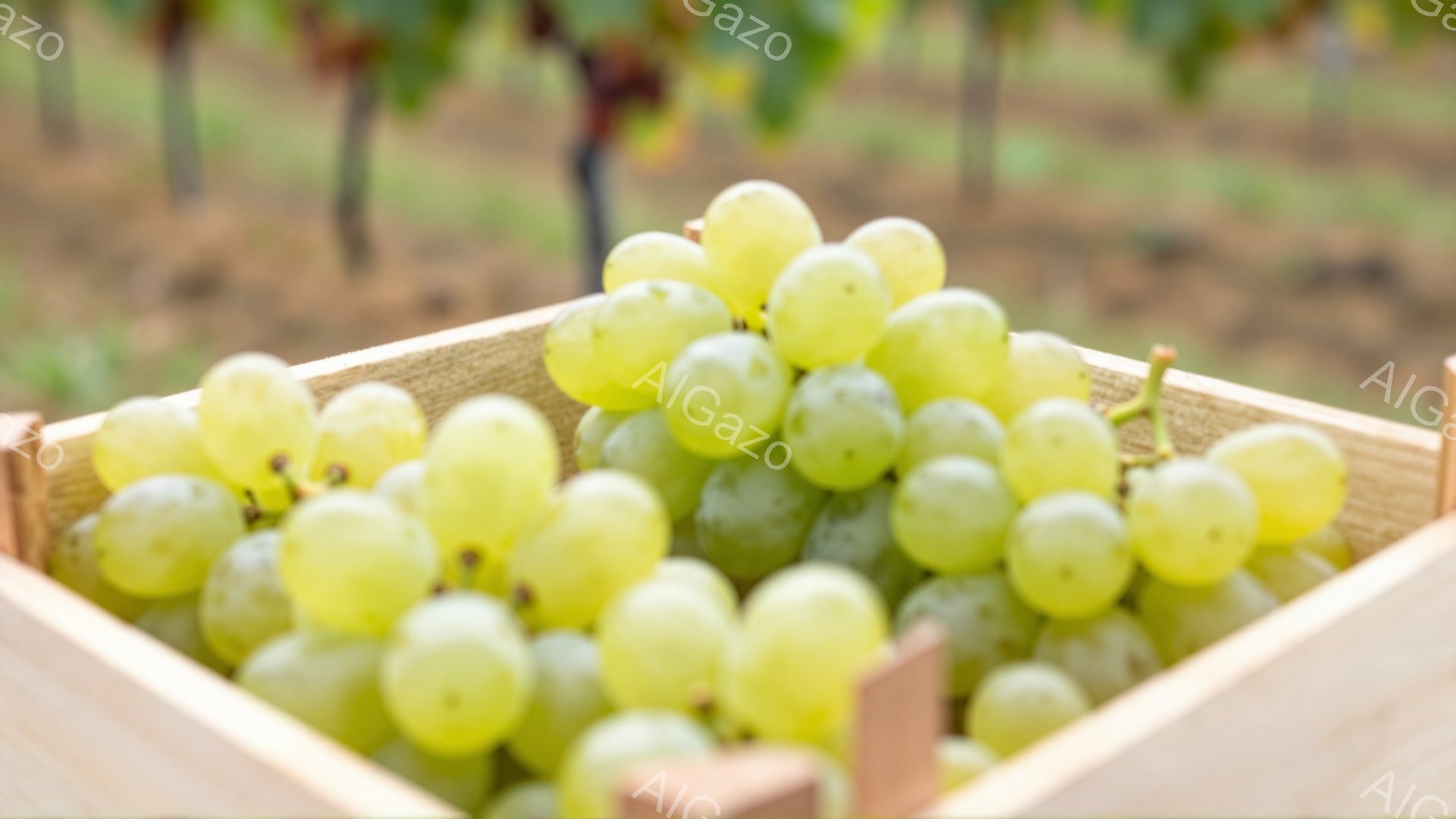 浅い木製の箱に、新鮮な緑色のぶどうが山積みにされています。背景にはぼやけた緑の植物が見え、おそらくぶどう畑の風景です。全体的に、収穫されたばかりのぶどうの豊かさと自然の恵みを感じさせる、穏やかで静かな - AI生成フリー素材