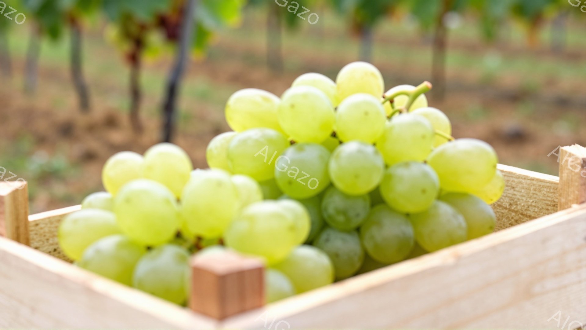 白いブドウが木製の箱にたっぷりとのっています。背景にはブドウ畑が広がり、土の地面と緑の葉が広がっています。全体的に明るい光が差し込み、収穫の喜びと自然の恵みを感じさせる、穏やかな雰囲気です。 - AI生成フリー素材