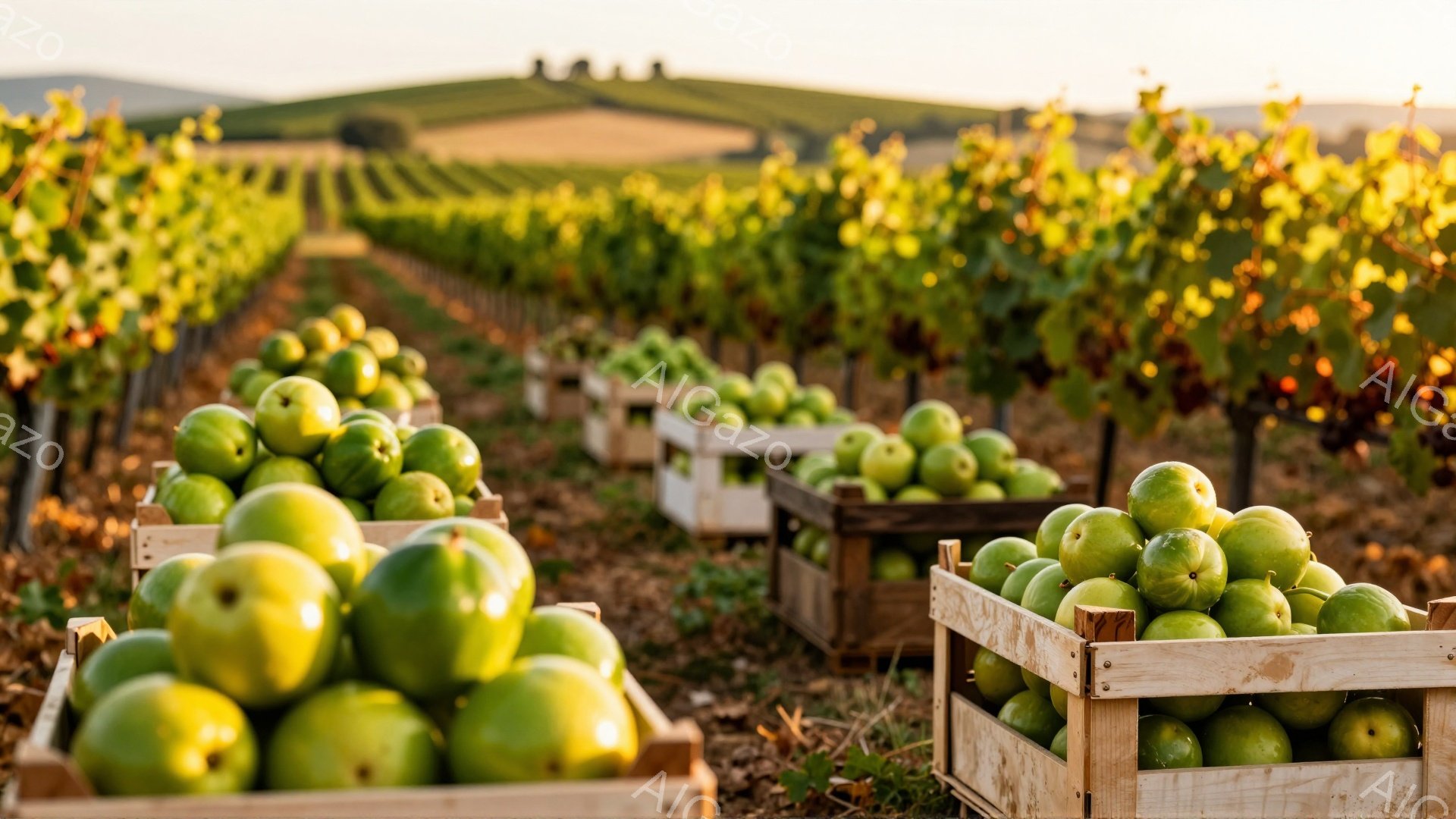 畑に並んだ木箱には、緑色の大きな梨がぎっしりと詰まっている。箱は整然と列をなし、背後にはブドウ畑が広がり、遠くにはなだらかな丘が見える。夕暮れ時の柔らかい光が梨とブドウ畑を照らし、穏やかで豊穣な雰囲気を醸し出している。