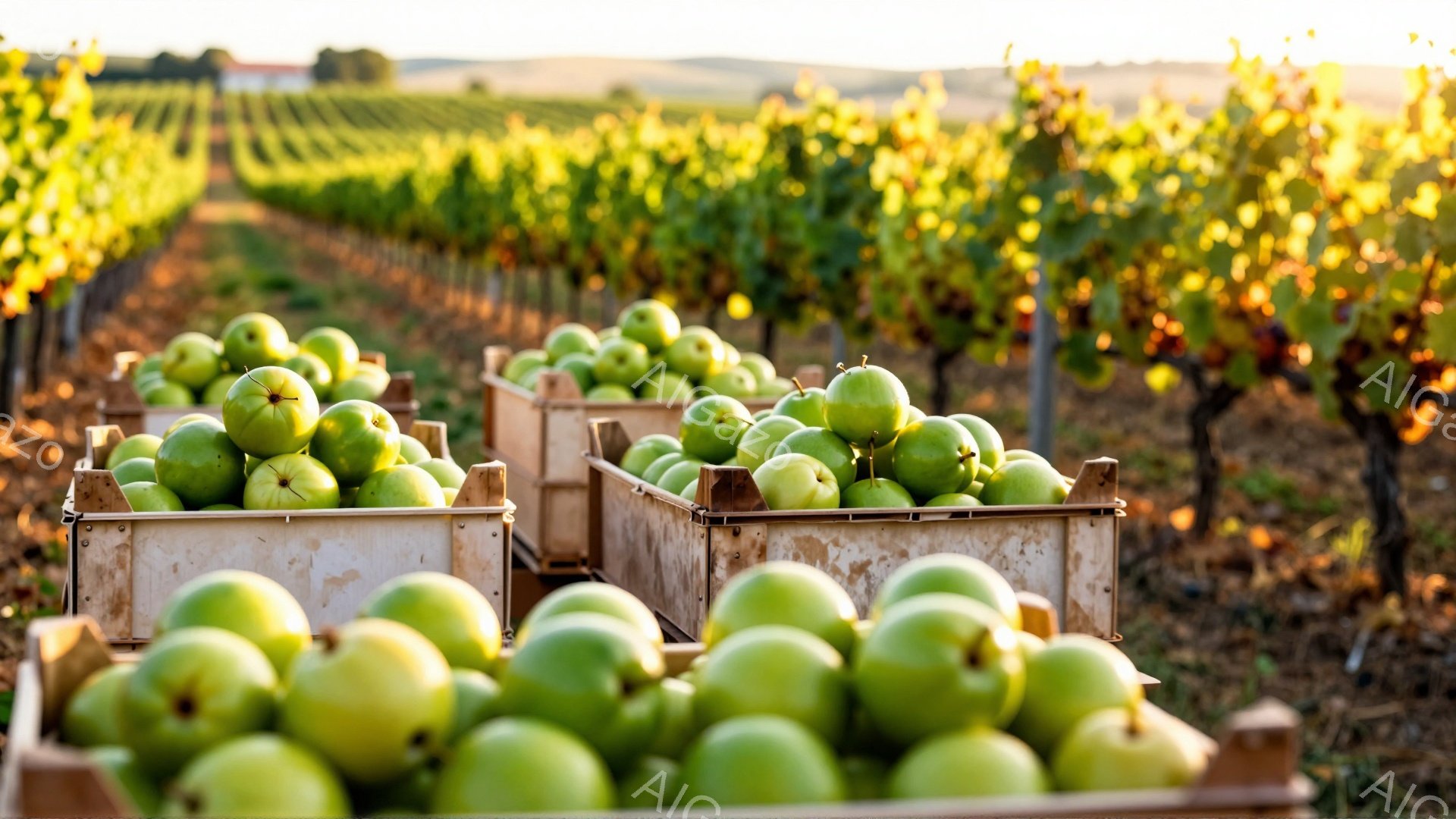 収穫されたばかりのリンゴが木製の箱にぎっしりと詰め込まれ、農園の列に沿って並べられています。背景には、緑色の葉が茂ったブドウ畑が広がり、夕焼けのような暖かな光が全体を照らしています。リンゴとブドウ畑の - AI生成フリー素材