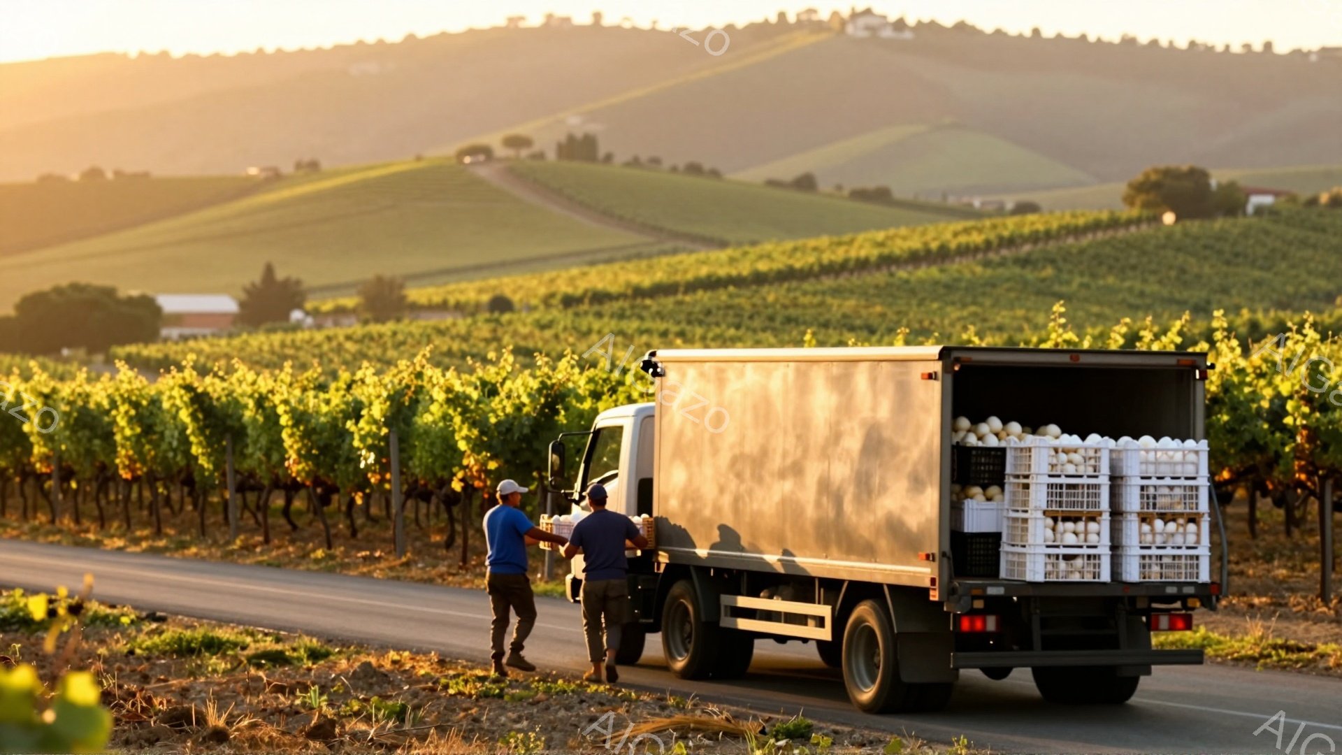 道路の脇に停車したトラックの荷台には、白い箱が積み重ねられています。男性二人がトラックの横に立ち、一人はブルーのシャツに帽子を被り、もう一人はグレーのTシャツを着ています。背景には緑豊かなブドウ畑が広がり、遠くには建物が見え、夕焼けのような暖かい光が全体を包んでいます。