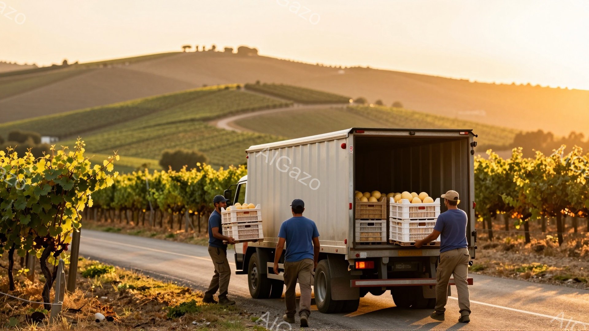 葡萄畑の道で、作業員たちが白いトラックに収穫されたブドウを積んでいる様子が捉えられています。作業員たちは青いシャツとベージュ色のズボンを着用し、黒い帽子をかぶっています。背景には緑豊かな葡萄畑が広がり、夕焼けの光が柔らかくあたりを照らしており、穏やかで収穫の喜びを感じさせる雰囲気です。