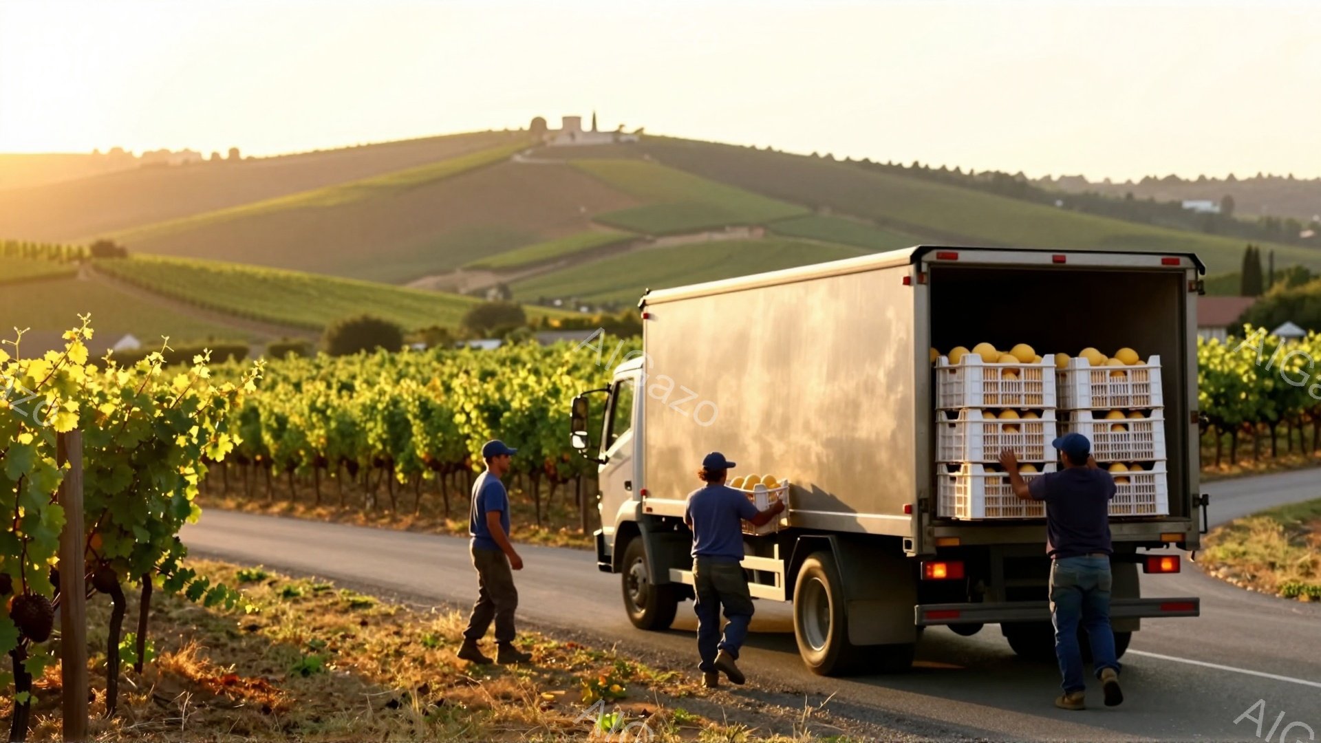 葡萄畑の脇を走る道路で、作業員たちがトラックに積み込まれた黄色い箱を降ろしている様子が描かれている。作業員たちは皆、デニムのオーバーオールと帽子を着用し、真剣な表情で作業に集中している。背景には緑豊かなブドウ畑が広がり、遠くには丘と建物が見え、夕暮れ時の穏やかな光が全体を包み込んでいる。
