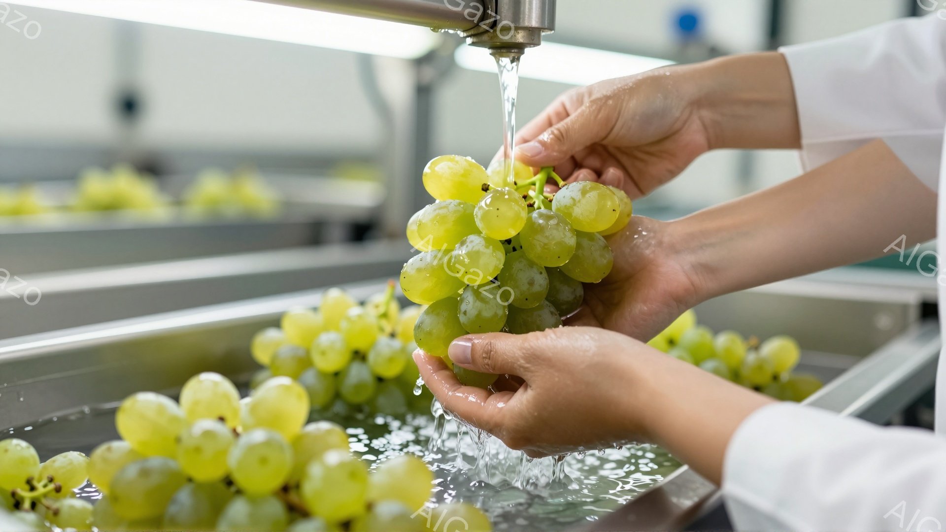 白い作業着を着た人物が、ステンレス製のシンクで緑色のブドウを洗っている様子が写っている。水がブドウの上から流れ落ち、手は丁寧にブドウを支えている。背景には他のブドウが積まれ、工業的な雰囲気の洗面台が広がっている。