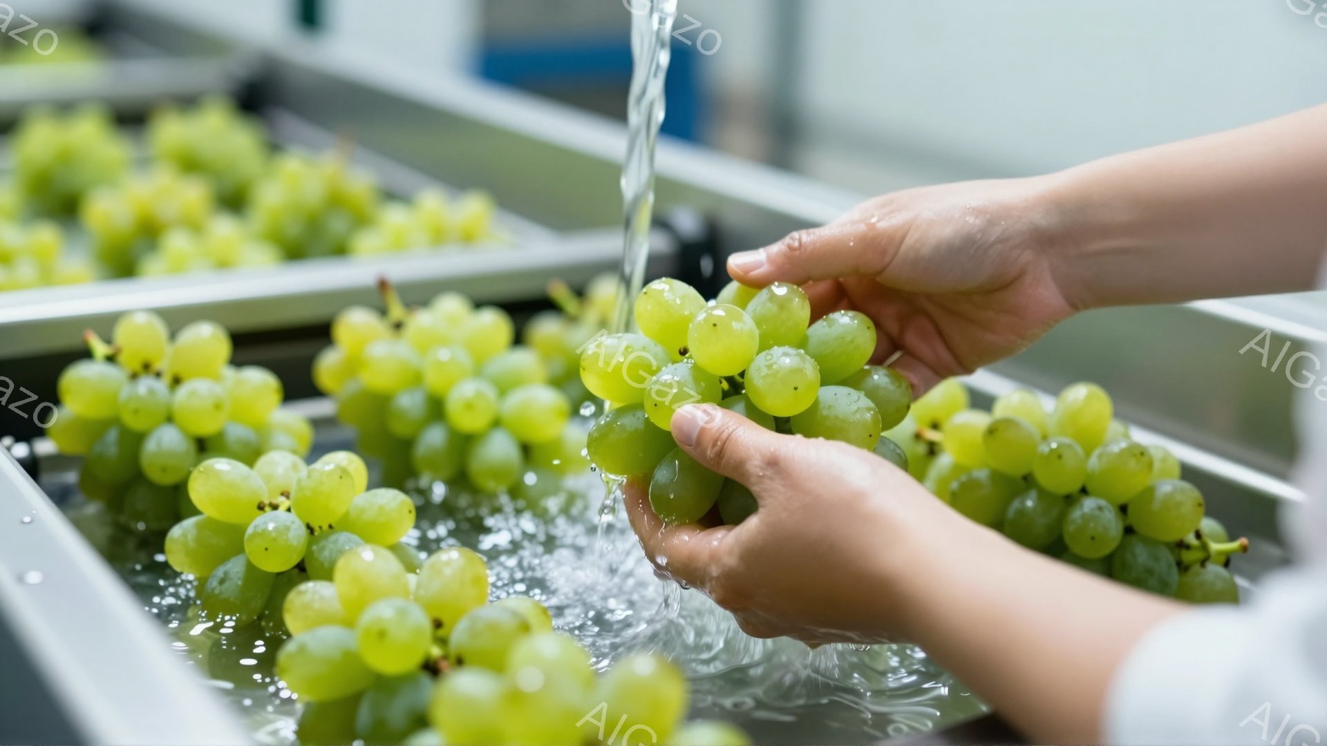 画像には、ステンレス製のトレイでブドウを手作業で選別している様子が写っています。緑色のブドウは水で洗い流され、選別者の手は慎重に一つ一つを確認しています。背景は工業的な施設の一部で、全体的に清潔で明るい雰囲気です。