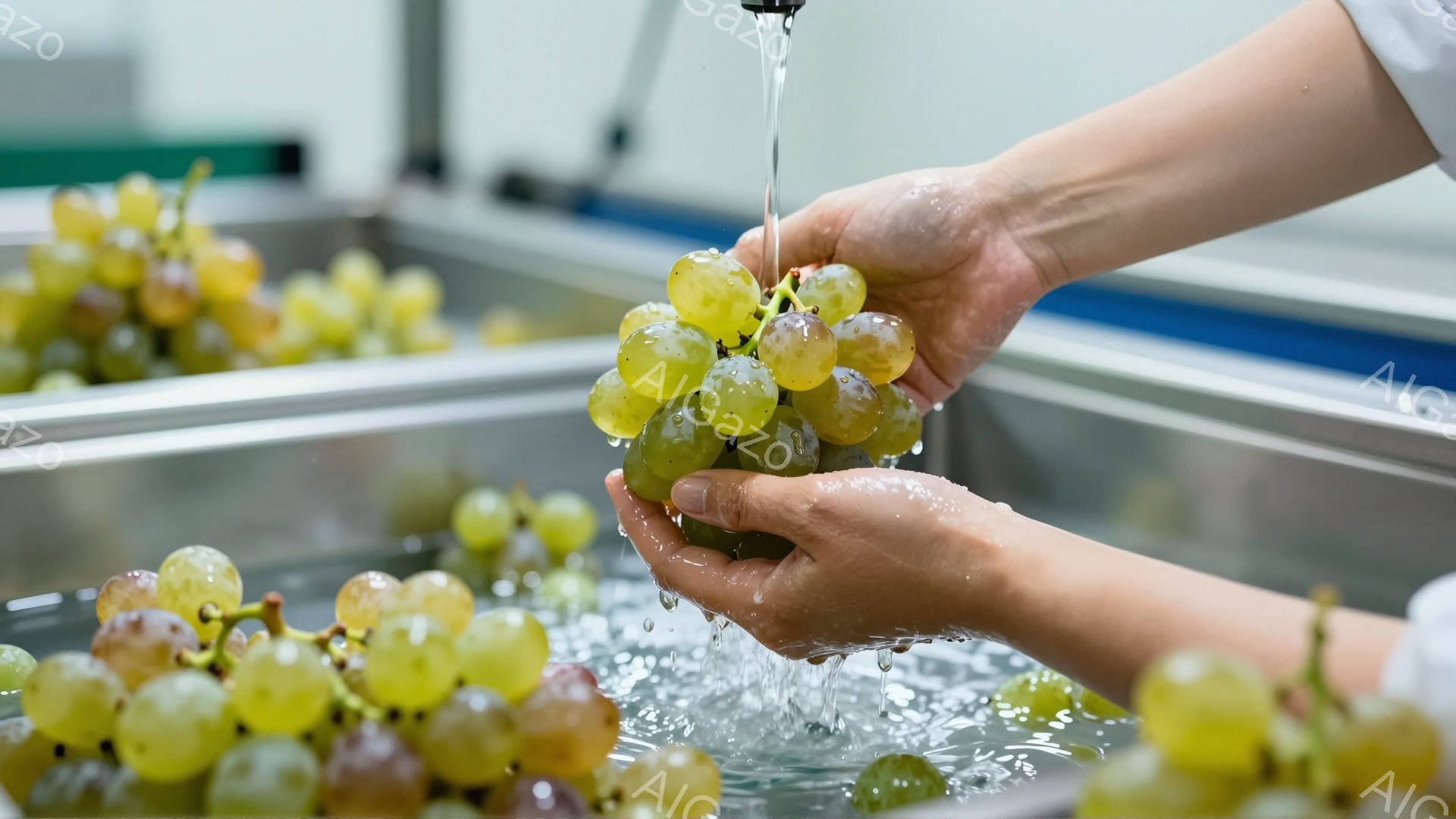 白い作業着を着た人物が、ステンレス製のシンクの中で緑色のブドウを洗っている様子が写っている。水がブドウの上を流れ落ち、手とブドウが水で覆われている。背景には他のブドウの房が見え、清潔で衛生的な作業環境であることが伺える。