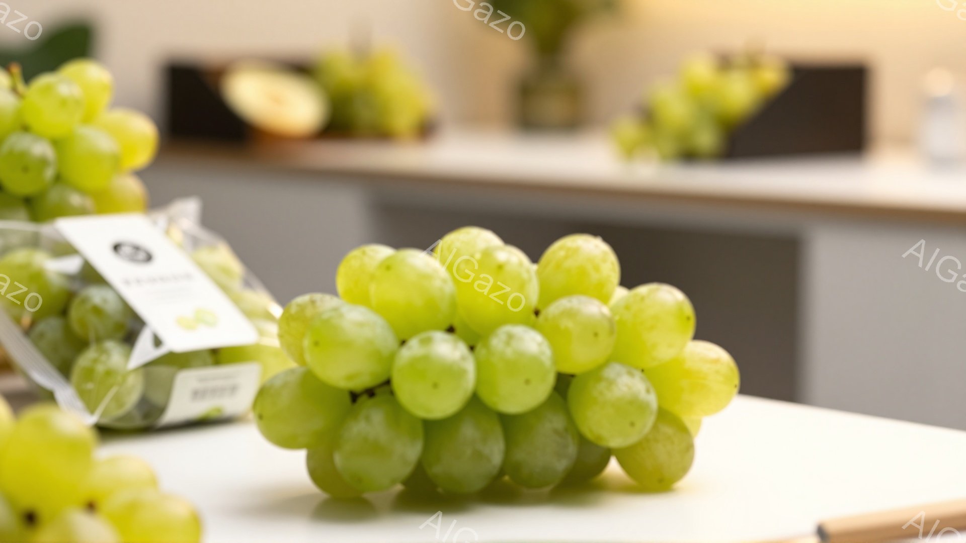 画像には、白いトレーの上に乗った、緑色のぶどうの房が写っています。背景には、同じようにパックされたぶどうがぼやけて見え、商品の展示や販売を連想させます。全体的に明るく清潔な印象で、新鮮なフルーツの魅力が引き立てられています。