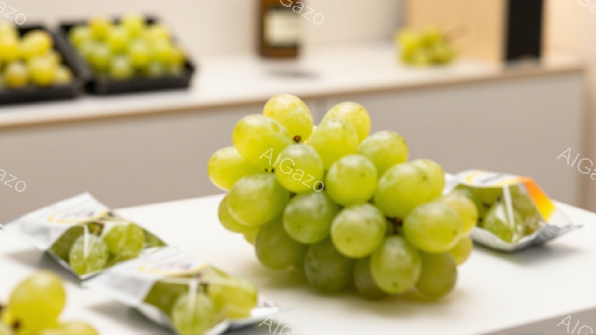 白いテーブルの上に、緑色のぶどうの房が置かれています。周りには包装されたぶどうもいくつか見え、背景はぼやけて明るい室内であることがわかります。全体的に、新鮮で美味しそうな果物のおいしさを強調した、シンプルな雰囲気の写真です。