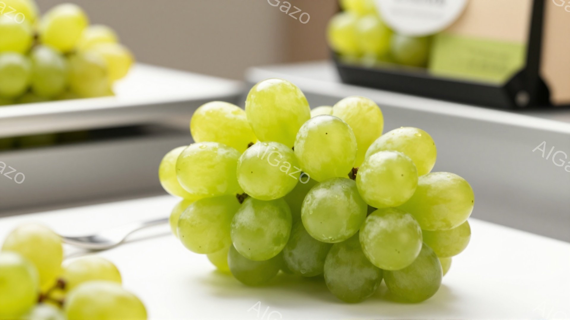 鮮やかな緑色のぶどうが、白い皿の上に置かれている。ぶどうは一房で、表面には水滴が光り、みずみずしさを強調している。背景には他のぶどうのパックが見え、全体的に清潔で明るい雰囲気である。