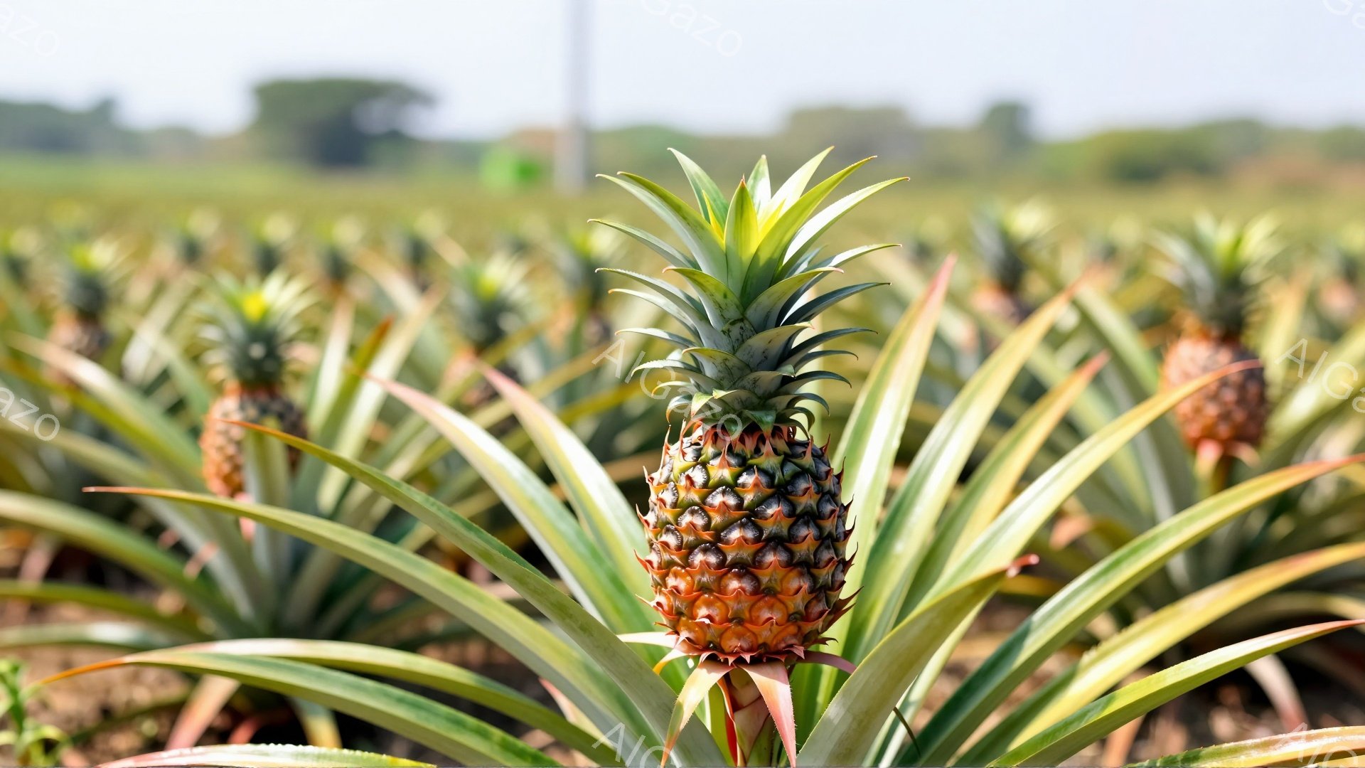 画像はパイナップルの畑を写しており、緑色の葉に囲まれた茶色と黄色のパイナップルが前景に際立って見えます。背景には、パイナップルの列が広がり、遠くにはぼんやりとした建物と穏やかな空が広がっています。全体的に、温暖な気候と豊かな自然を感じさせる、穏やかで平和な雰囲気です。
