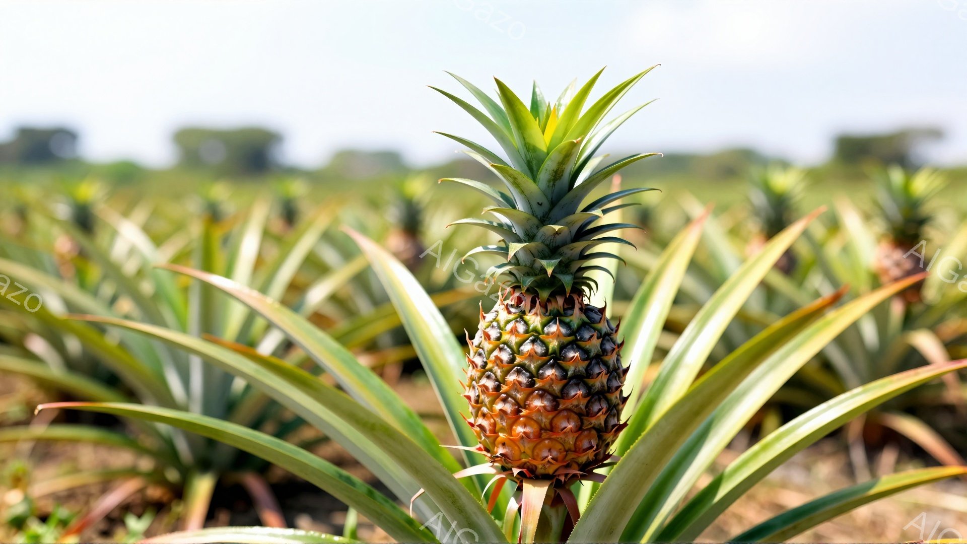 画像は、緑色の葉に囲まれたパイナップルのクローズアップです。パイナップルは茶色と黄色が混ざり合い、葉は鮮やかな緑色で、均一に整列した畑の中にあります。背景にはぼやけた緑の植物が見え、晴れた日の穏やかな雰囲気が漂っています。