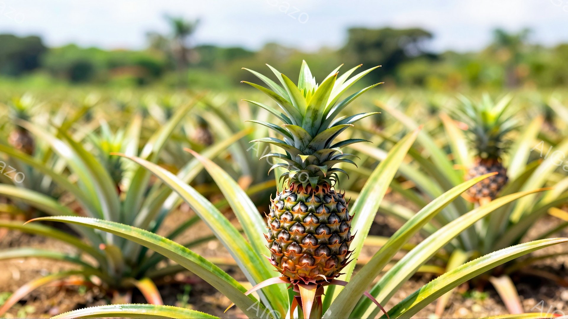 鮮やかな緑色のパイナップルの葉が密集し、茶色と黄色のパイナップルが畑一面に広がっている。土壌は乾燥しており、背景にはぼやけた緑の木々が見える穏やかな天候であることがわかる。全体的に、自然の恵みが感じられる静かで平和な雰囲気が漂っている。