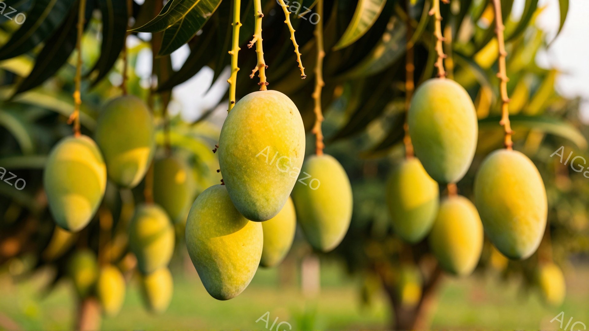 鮮やかな黄緑色のマンゴーが枝にたくさん実っている様子が写っている。背景はぼやけた緑色の自然で、光が差し込み、マンゴーがより際立って見える。全体的に、実りの秋や豊かな自然を感じさせる、温かく穏やかな雰囲気である。
