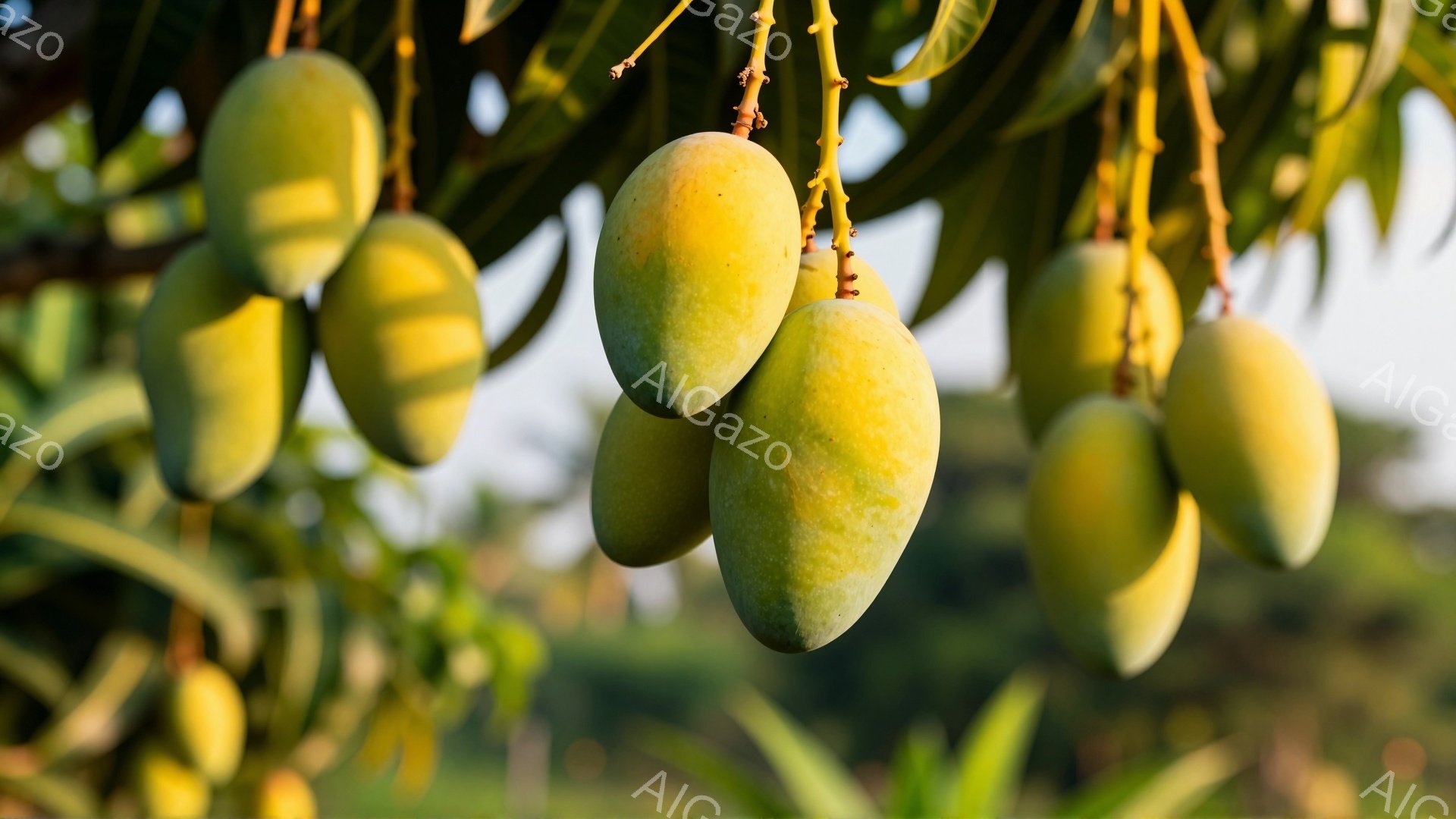 鮮やかな緑の葉に、熟したマンゴーがたわわに実っている様子が捉えられています。マンゴーは黄緑色をしており、太陽の光を浴びて瑞々しく輝いています。背景はぼやけており、自然の中で育つマンゴーの生命力と豊かさを感じさせる、穏やかな雰囲気の写真です。