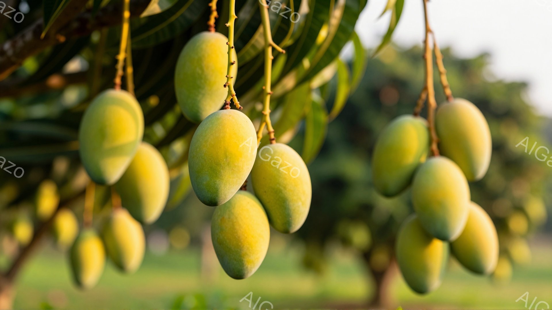 画像には、熟したマンゴーが枝に密集してぶら下がっている様子が写っています。マンゴーは鮮やかな黄色で、葉の緑とのコントラストが美しいです。背景にはぼやけた緑の風景が広がり、明るい日差しが全体を照らしてい - AI生成フリー素材