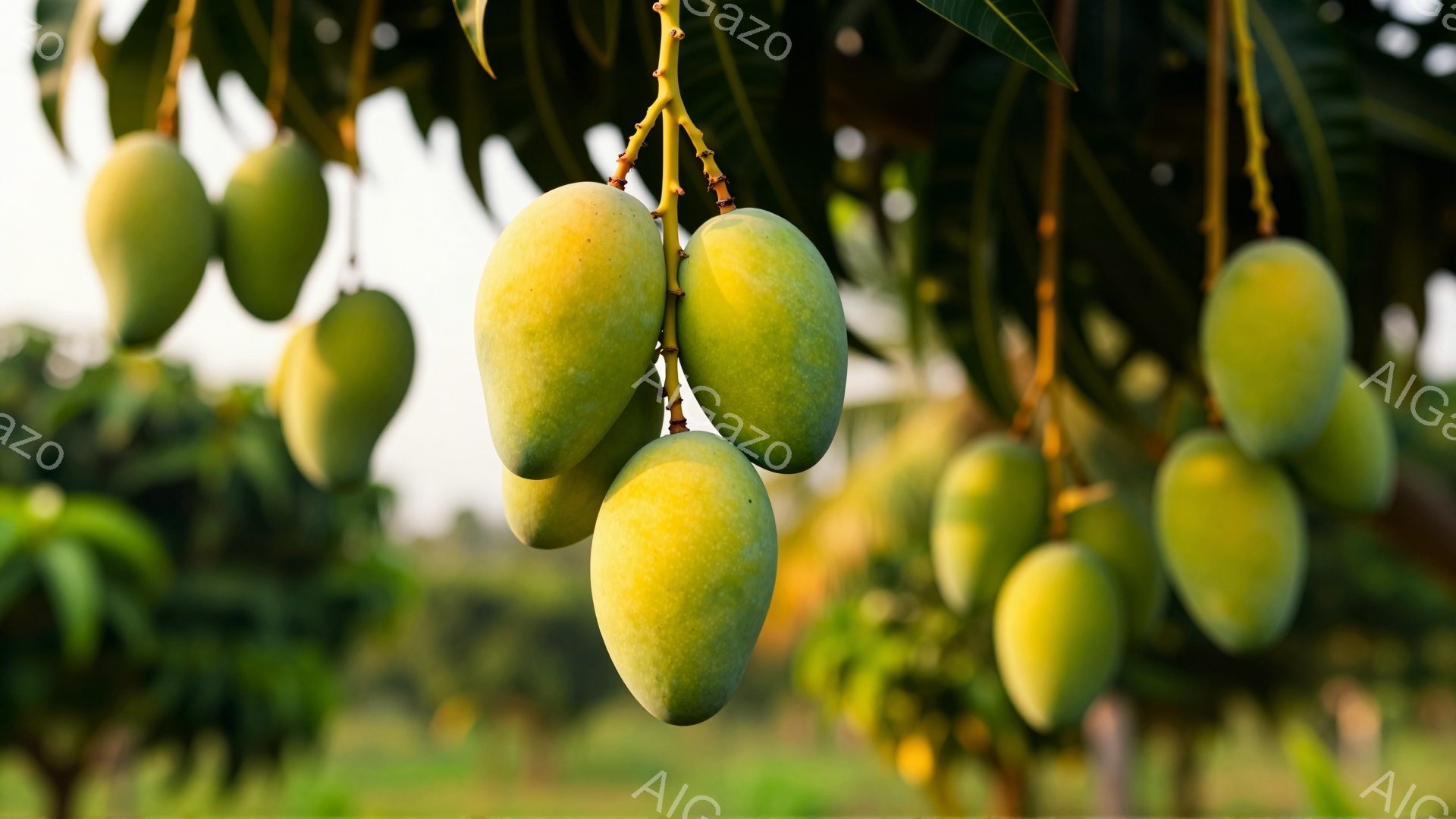 鮮やかな緑色のマンゴーが、枝に実っています。背景にはぼやけた緑の草木が広がり、晴れた日の穏やかな自然の雰囲気が感じられます。マンゴーは瑞々しく、これから収穫が近づいている様子がうかがえます。 - AI生成フリー素材