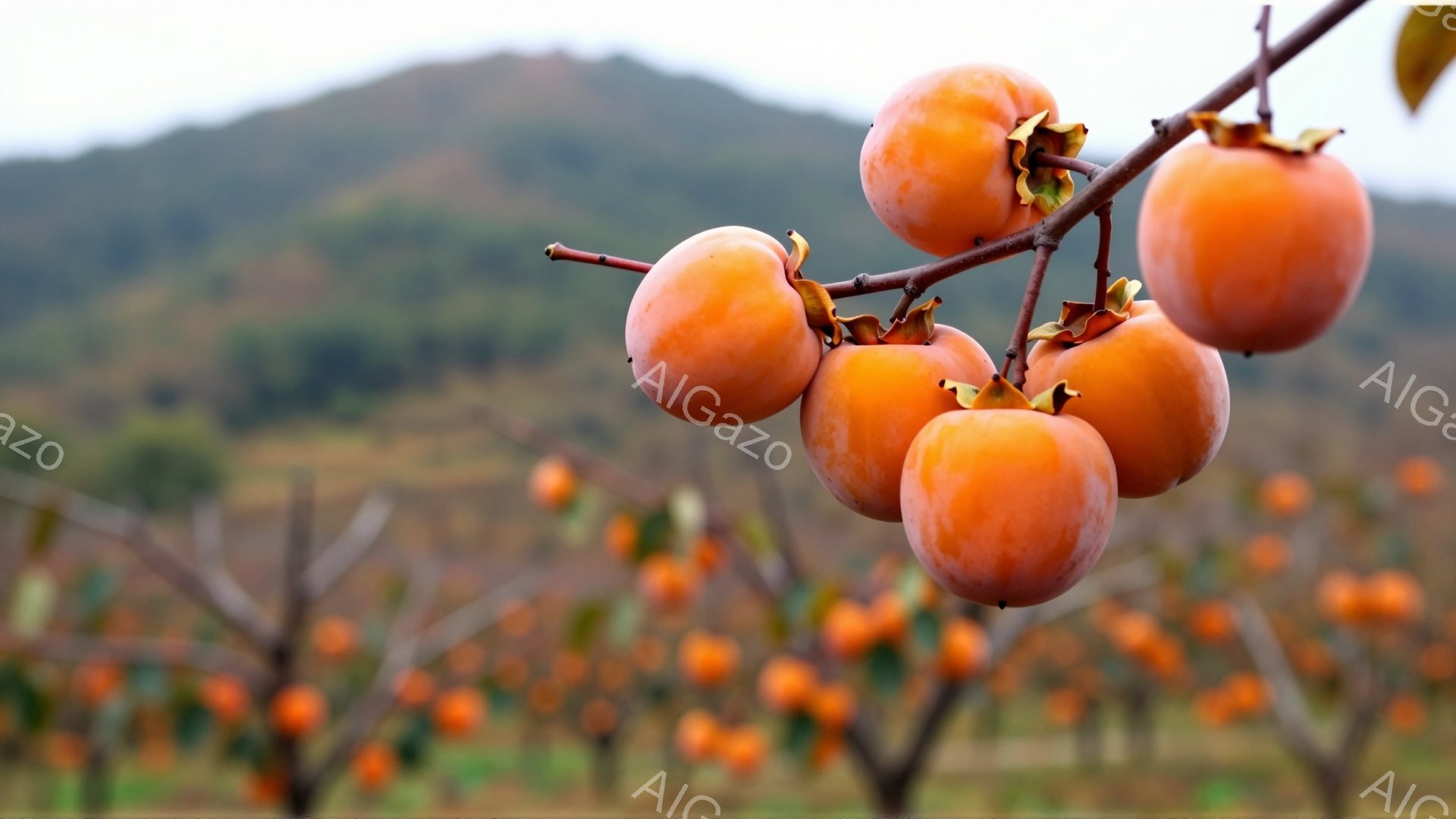 柿の木に実った鮮やかなオレンジ色の柿が、枝に密集してぶら下がっている様子が捉えられています。背景には、柿畑が広がり、ぼんやりと山々が見え、秋の収穫の時期を思わせる穏やかな光景です。全体的に暖色系の色調で、実りの秋の豊かな雰囲気が漂っています。