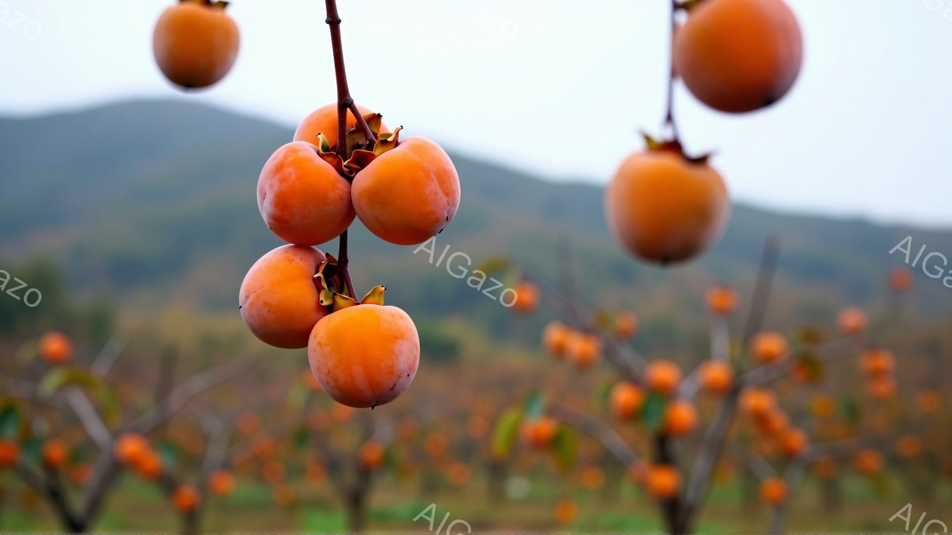 鮮やかなオレンジ色の柿が枝に実っている様子が写っている。背景にはぼやけた緑の田園風景と遠くに見える山々が広がっており、全体的に穏やかで秋らしい雰囲気を醸し出している。柿の表面には光が当たり、瑞々しさが感じられる。