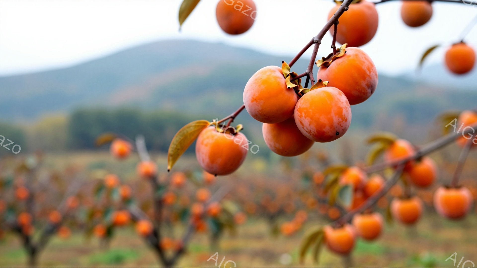 柿の木に実った鮮やかなオレンジ色の柿が、葉と共に写っている。背景には霞んだ山並みが広がり、柔らかな光が全体を包み込む穏やかな情景である。秋の収穫の喜びと自然の美しさを感じさせる、温かみのある写真だ。